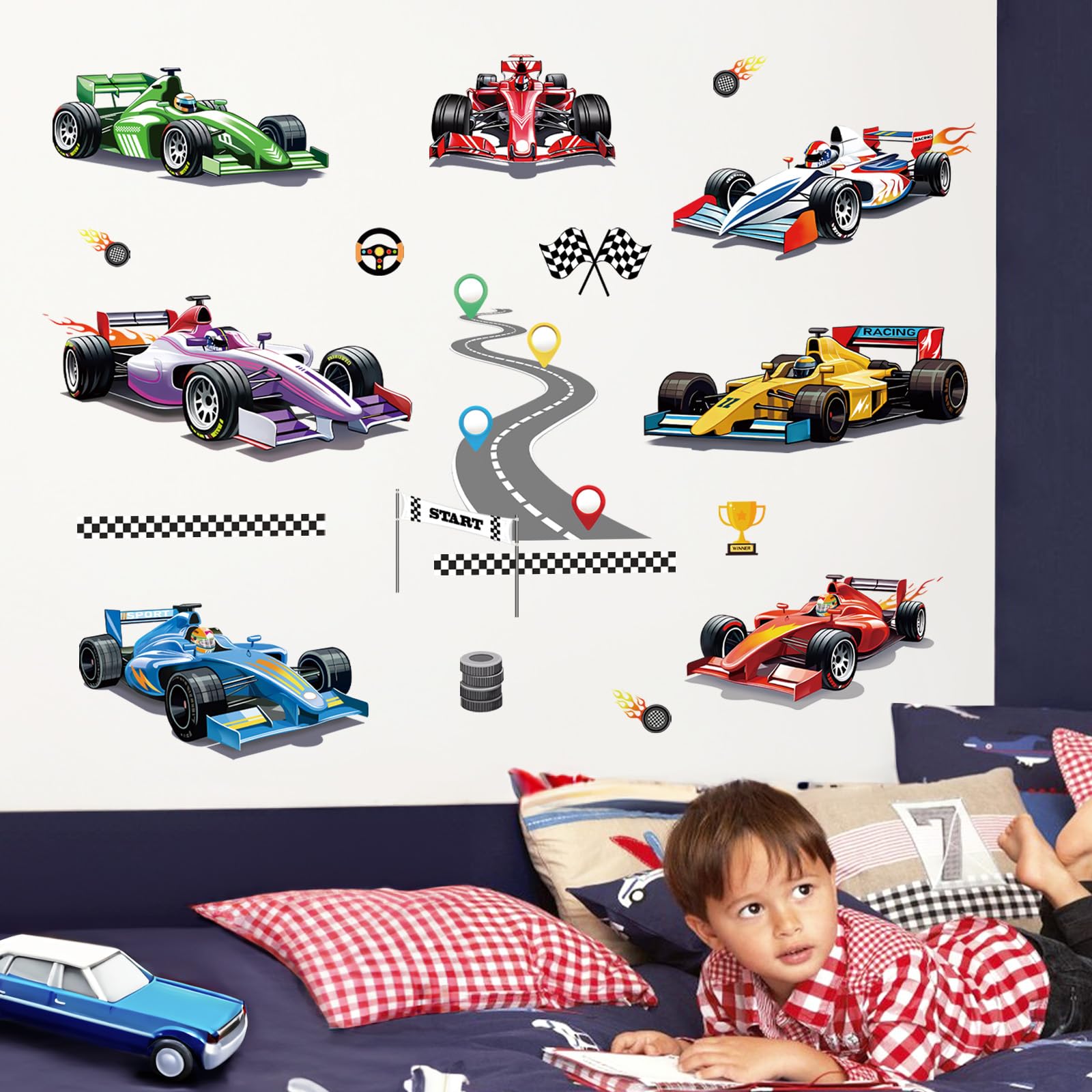 Wondever Racing Car Wall Stickers Vehicles Roads Peel And Stick Wall Art Decals For Kids Bedroom Boys Room Playroom