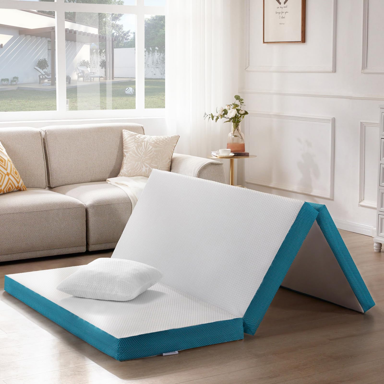 SINWEEK 4 Inch Folding Mattress Queen Size with a Pillow Tri Folding Memory Foam Foldable Portable Floor Guest Bed for Camping a