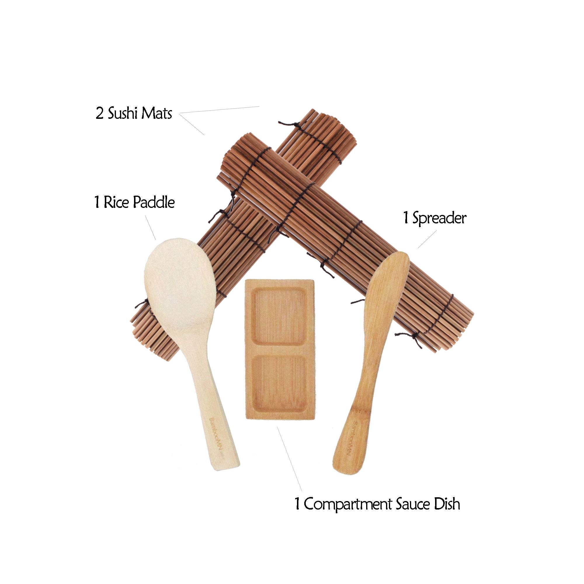 Bamboomn Sushi Making Kit 2X Carbonized Bamboo Rolling Mats, 1X Rice Paddle, 1X Spreader And 1X Compartment Sauce Dish | 100% Ba