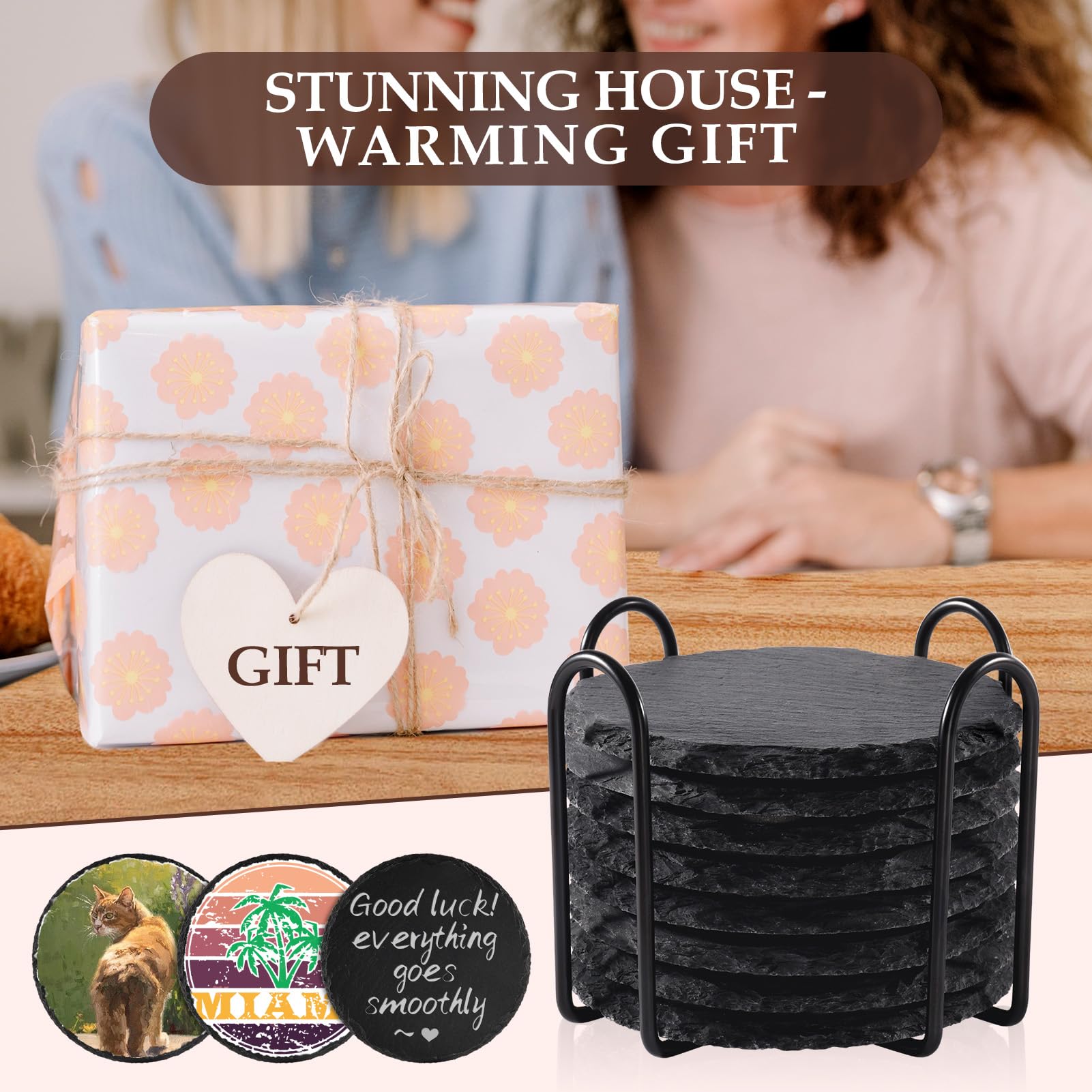 Slate Drink Coasters with Metal Holder  GOH DODD 4 Inch 8 Pieces Black Stone Coasters Blank Coaster Set Decor Tabletop Protection for Home Office Kitchen Apartment Bar  Round