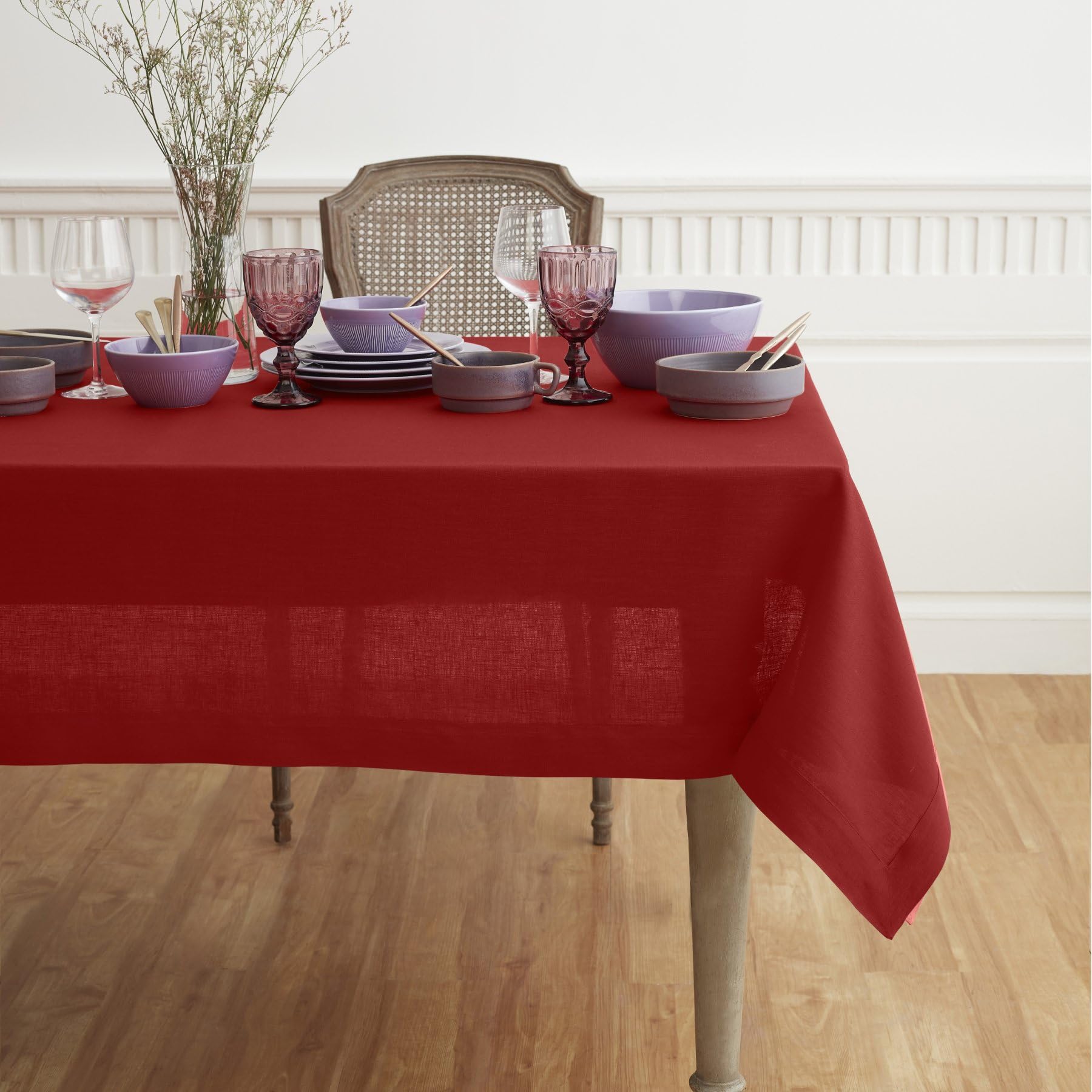Solino Home Red Linen Tablecloth 84'' L X 60'' W Inch - Fete, 100% Pure Linen Table Cloth For Rectangle Tables - Machine Washabl