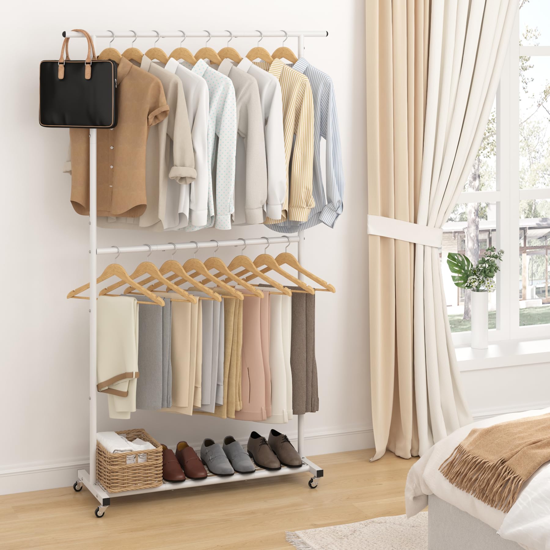 Sywhitta Double Rod Clothing Garment Rack  Rolling Coat Hanger with Bottom Mesh  Clothing Rack for Hanging Clothes  Coats  Skirts  Sweaters  White