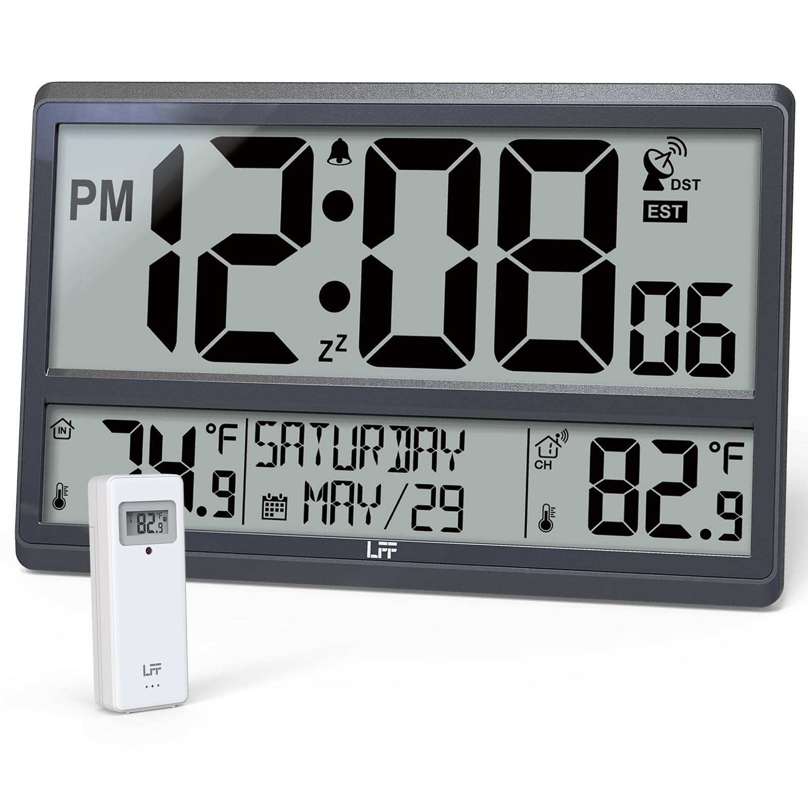 LFF Atomic Clock, Never Needs Setting, Battery Operated, Atomic Wall Clock with Indoor/Outdoor Temperature, Wireless Outdoor Sen