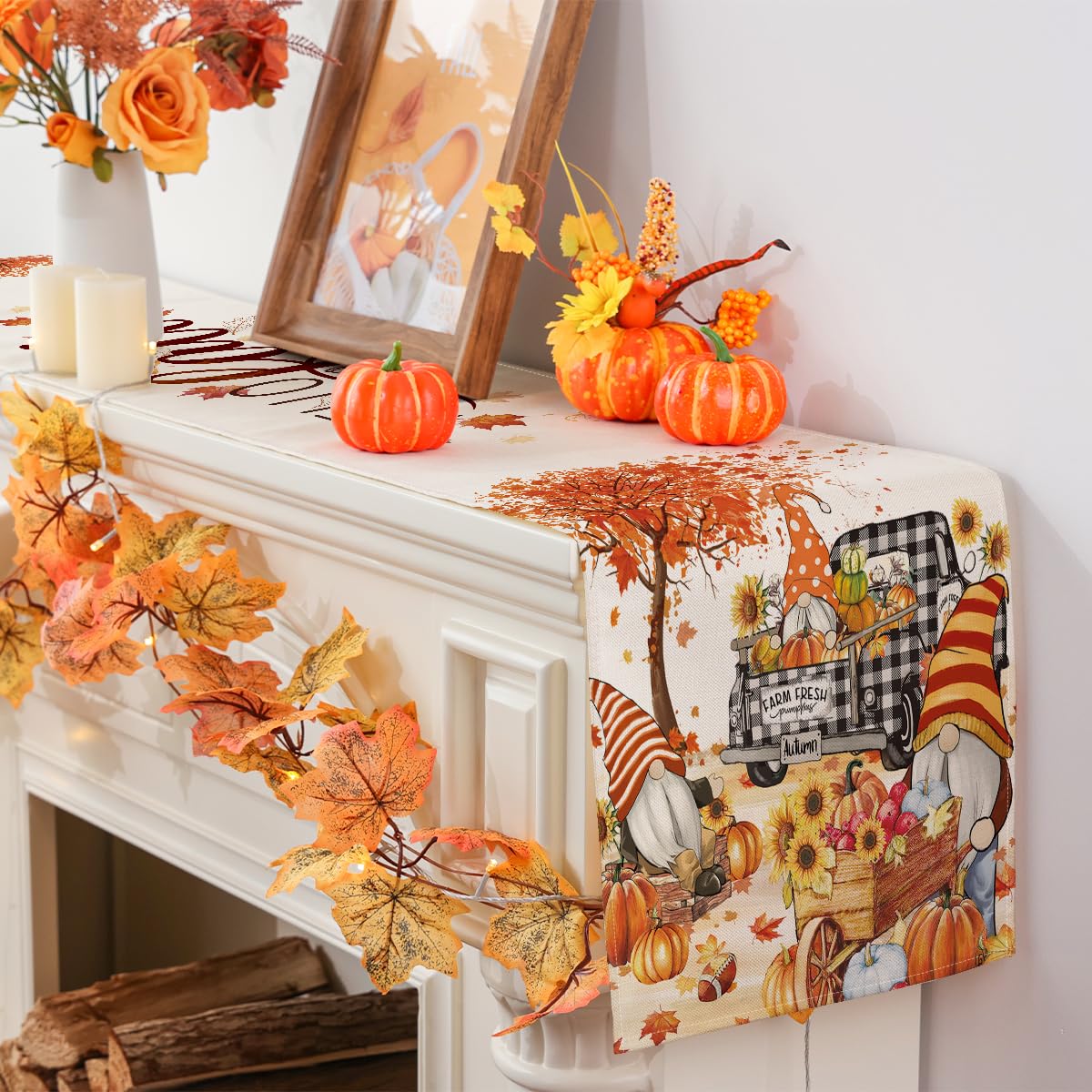 Siilues Fall Table Runner, Fall Decorations Buffalo Plaid Truck Fall Runner For Table Seasonal Leaves Fall Thanksgiving Holiday