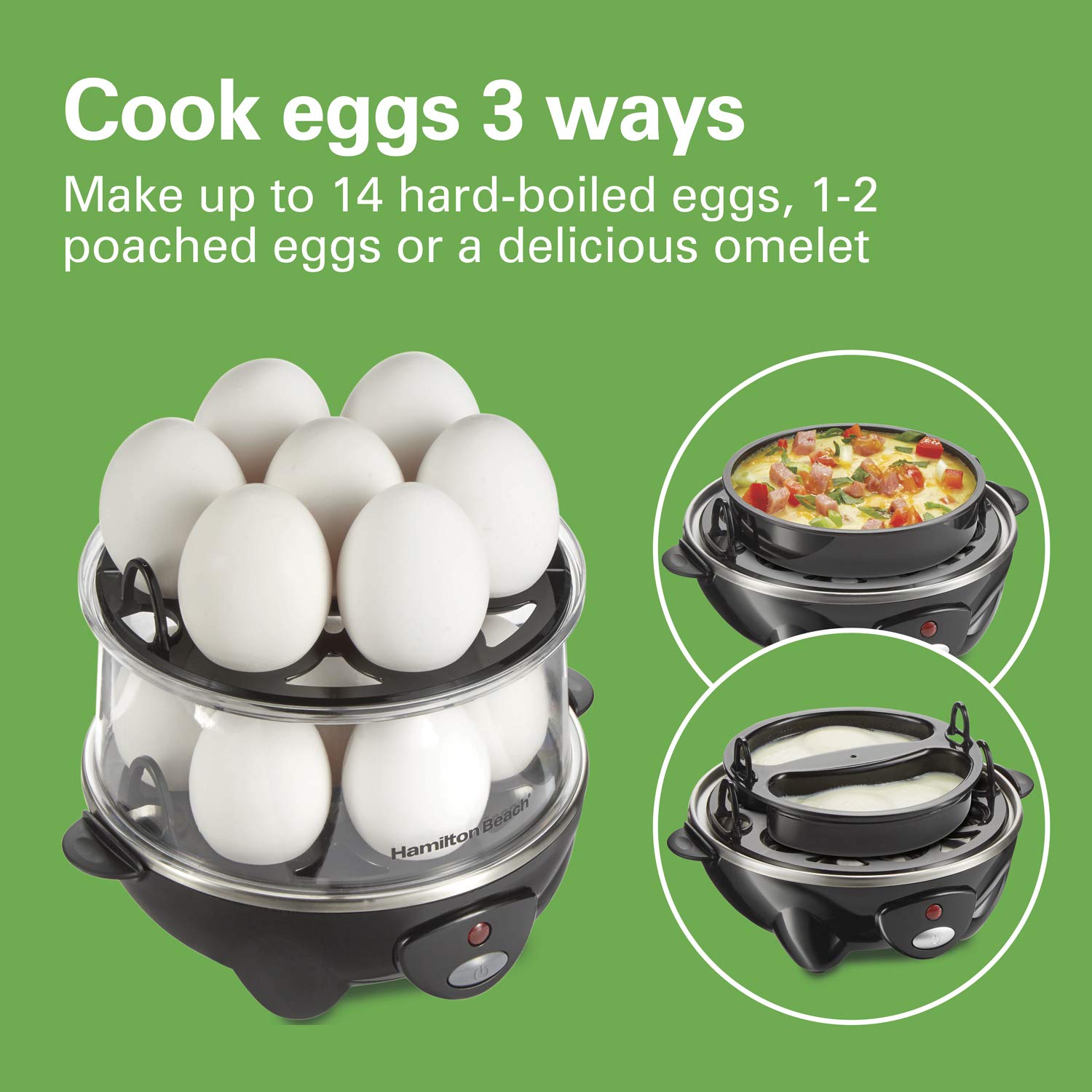 Hamilton Beach 3-in-1 Electric Egg Cooker, Hard Boiled, Poacher, Omelet Maker, Holds 14, Black, Model 25508