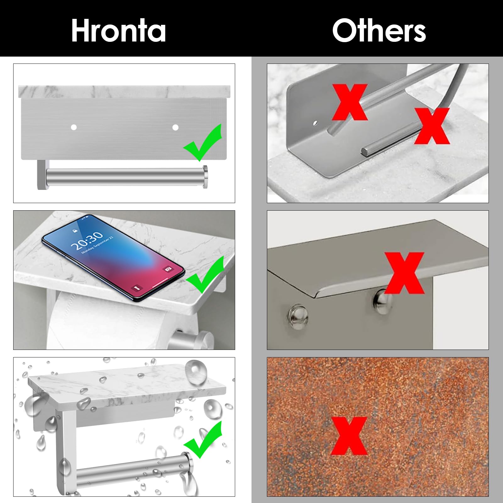 Hronta Toilet Paper Holder With Marble Shelf, Sus304 Stainless Steel Wall Mounted Toilet Paper Holder And 2 Pcs Free Adhesive Ho