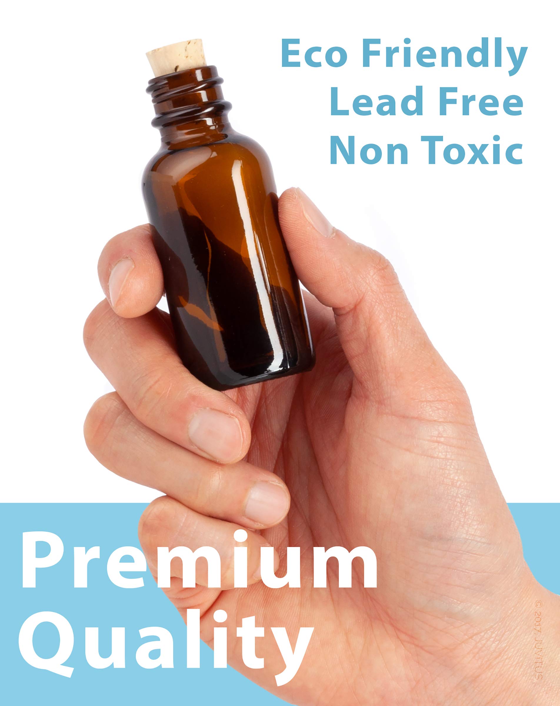 Juvitus 1 Oz Amber Glass Boston Round Bottle With Cork 12 Pack + Funnel