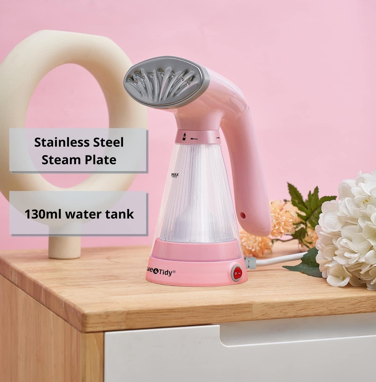True & Tidy Tidysteam Handheld Garment Steamer With Stainless Steel Steam Plate, 600 Watts (Handheld Steamer, Pink)