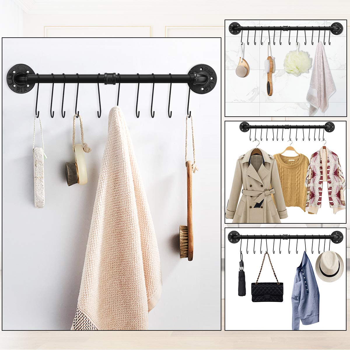 Toplife 23.7 Inch Pot Rack, Kitchen Wall Mounted Detachable Pan Lid Utensils Organizer Hanging Rail With 10 Hooks, Black
