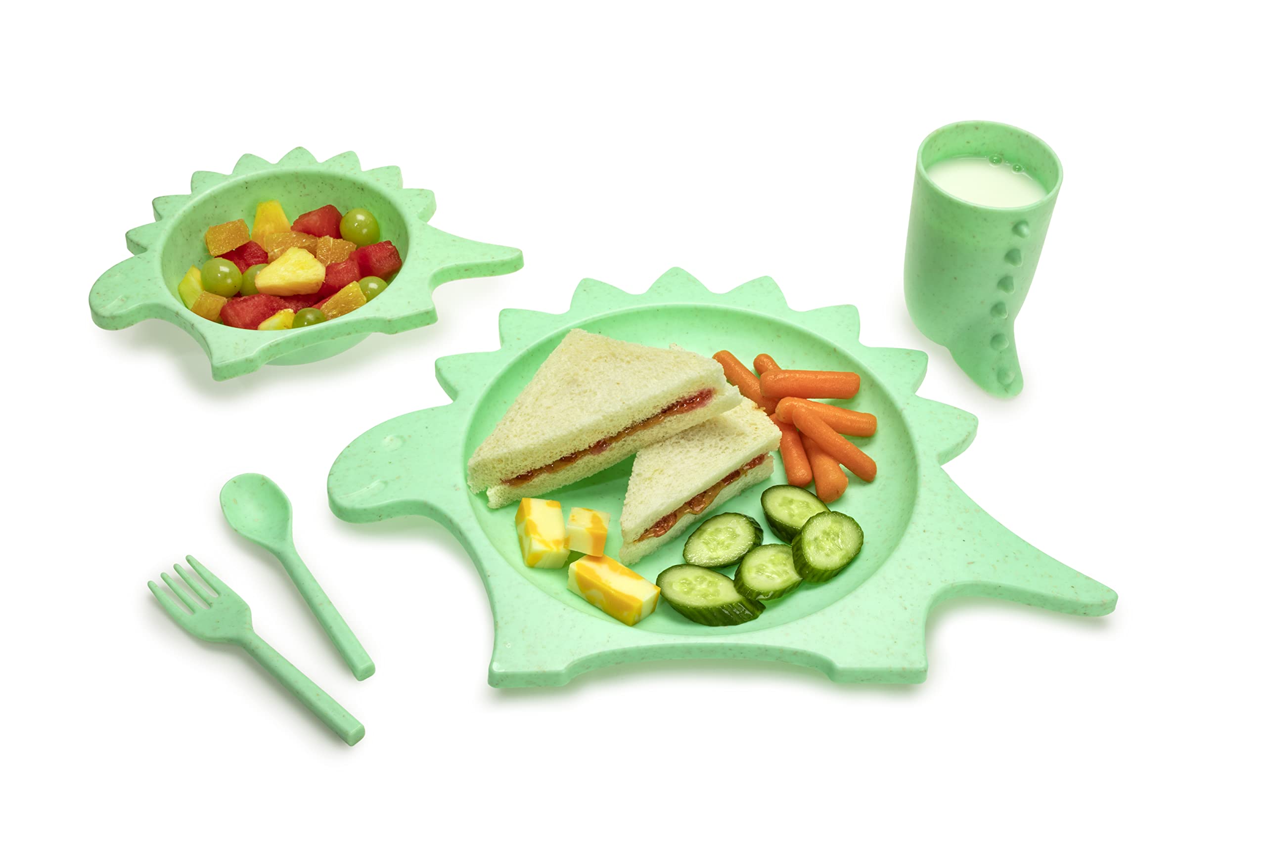 5 Piece Cellulose Feeding Meal Set, Plate, Bowl, Cup, Spoon & Fork - Eco-Friendly, Dishwasher & Microwave Safe (Dinosaur)
