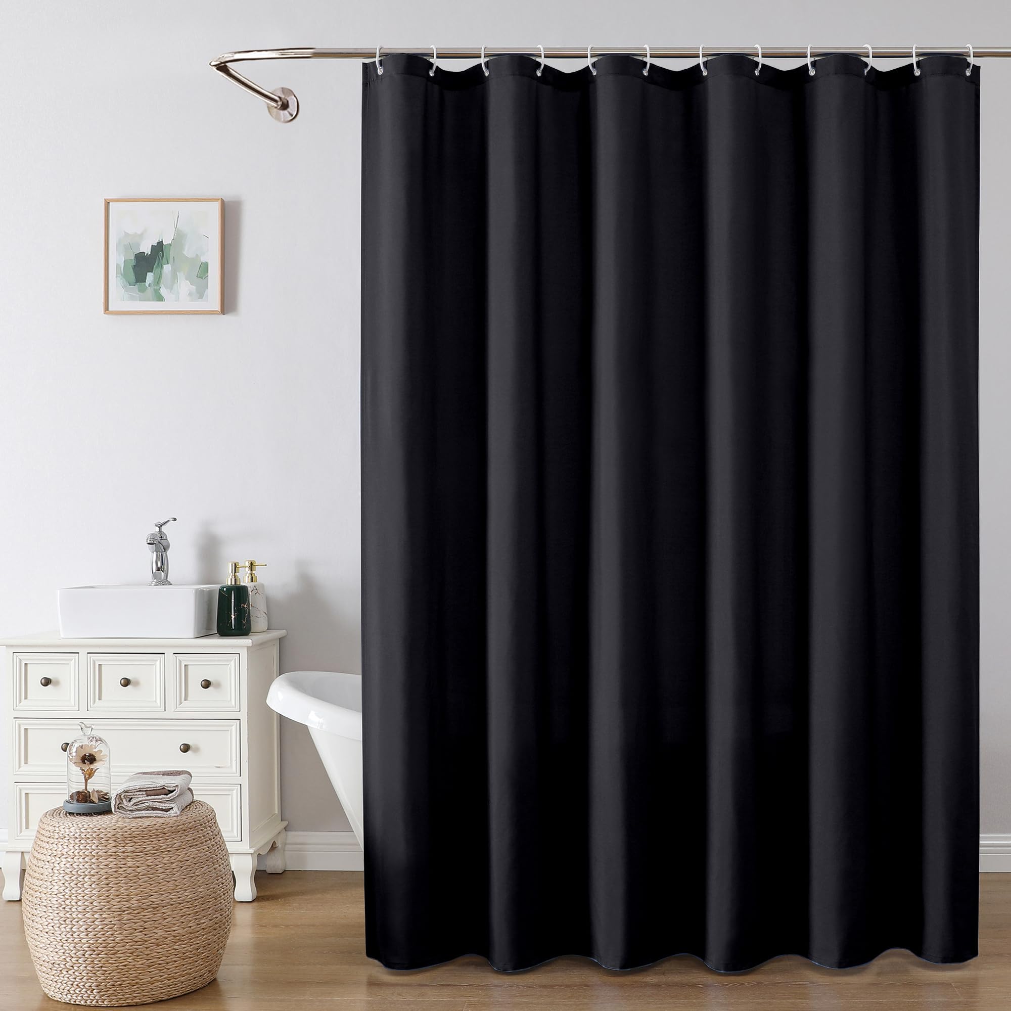 Ovzme Zora 96 Inch Shower Curtain Set With 12 Plastic Hooks, Plain Fabric Black Shower Curtain For Bathroom - Extra Long Shower