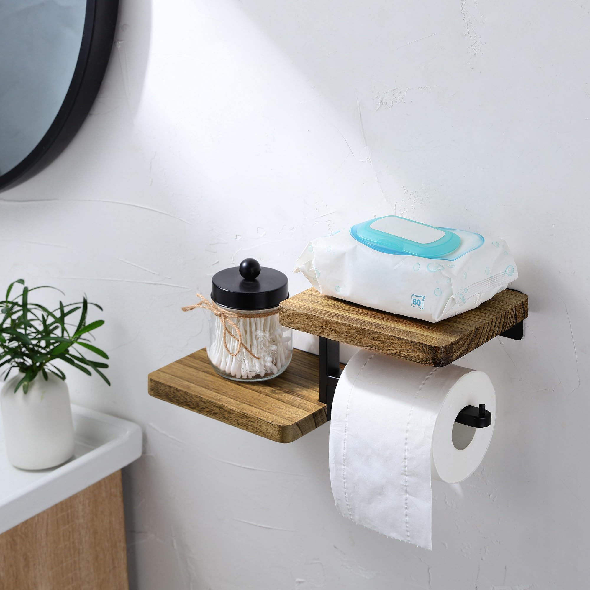 Double Toilet Paper Holder With Shelf, 2 Tier Wood Wall Mounted Adhesive Paper Roll Holder Suitable For Bathroom Accessories Dec