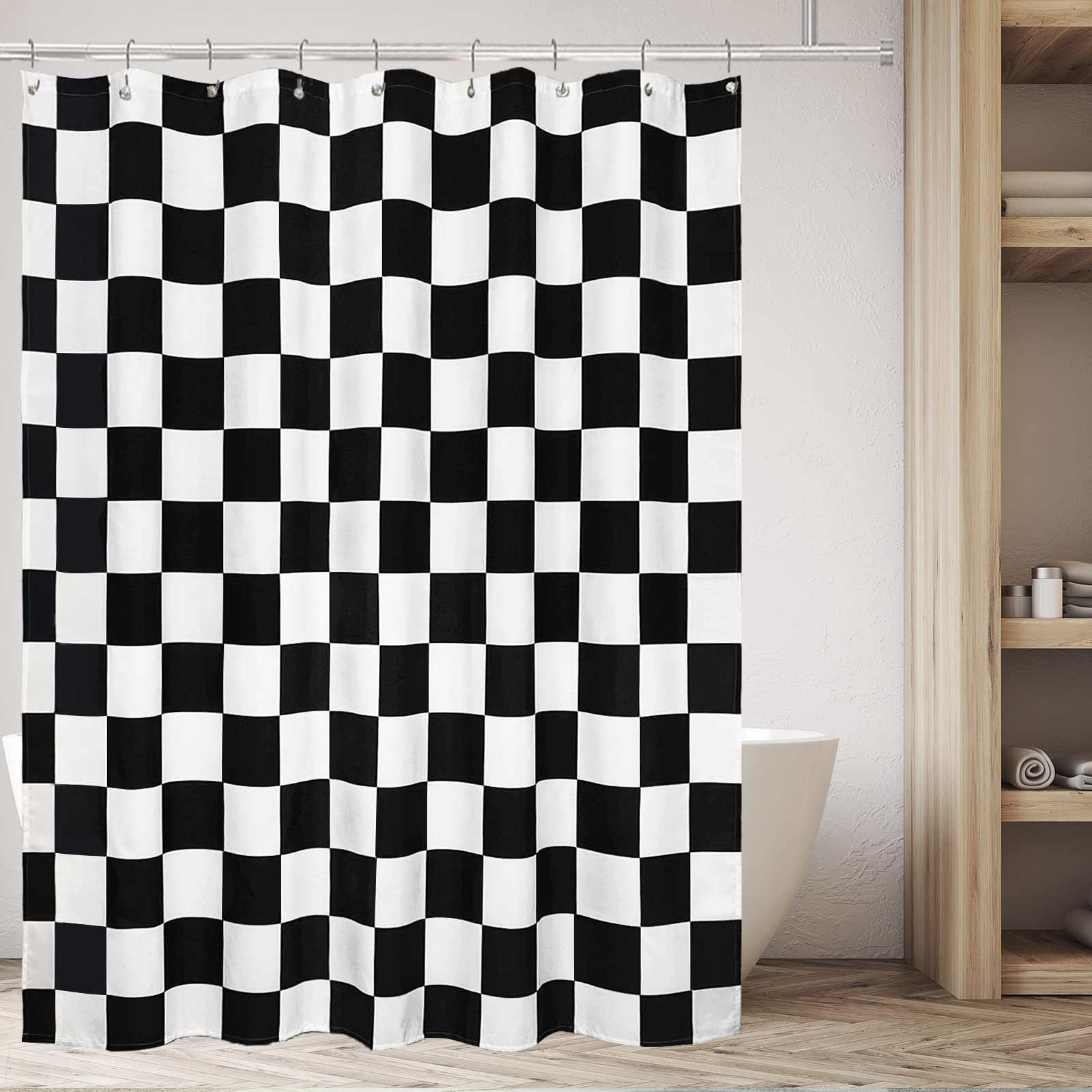 Tititex Aesthetic Checkerboard Grid Pattern Shower Curtain, White Black Modern Shower Curtain Sets Decoration 71X71 Inch With Ho