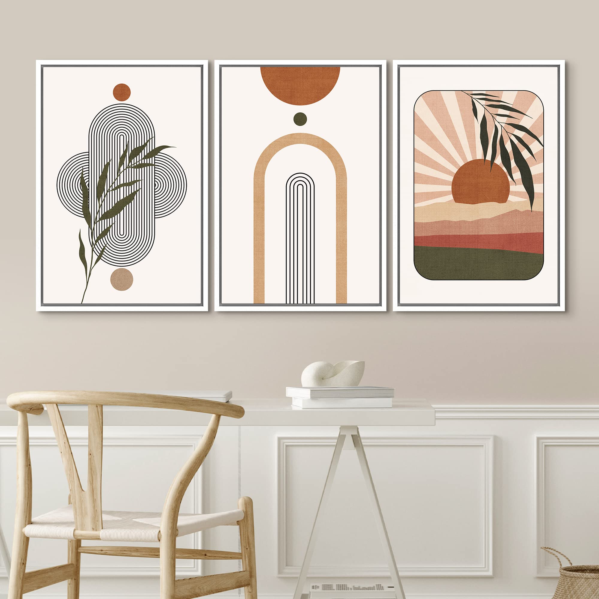 Idea4Wall Framed Canvas Print Wall Art Set Geometric Plant Shining Sun Polygon Abstract Nature Illustrations Modern Art Nordic Z