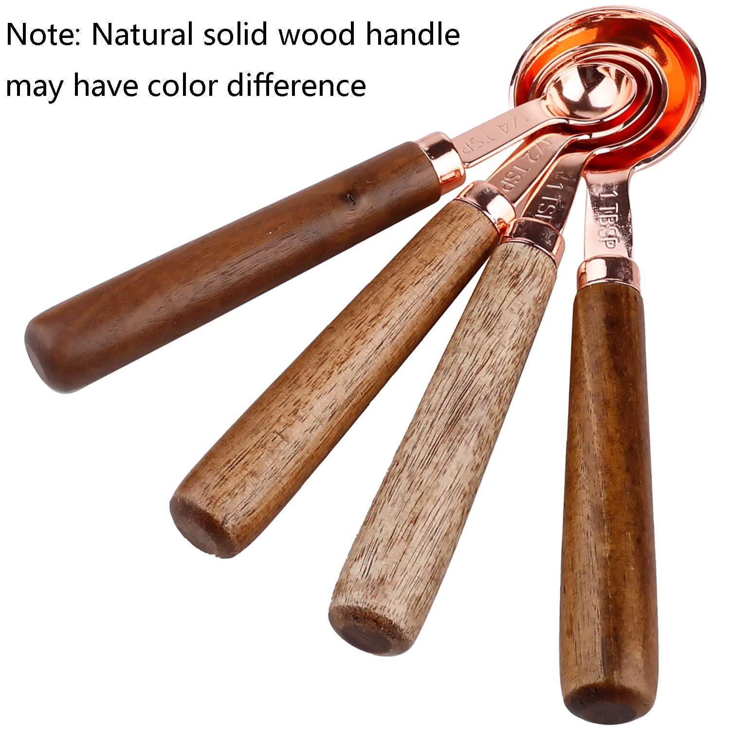 Goeielewe Set Of 4 Stainless Steel Measuring Spoons, Copper Plated Nesting Measuring Spoon Set With Walnut Wood Handle For Dry A