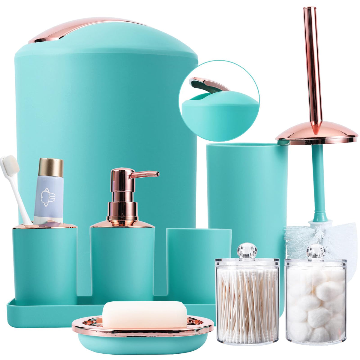 9-Piece Teal Bathroom Accessories Set - Trash Can, Soap Dispenser, Soap Dish, Toilet Brush With Holder, Toothbrush Holder, Mouth