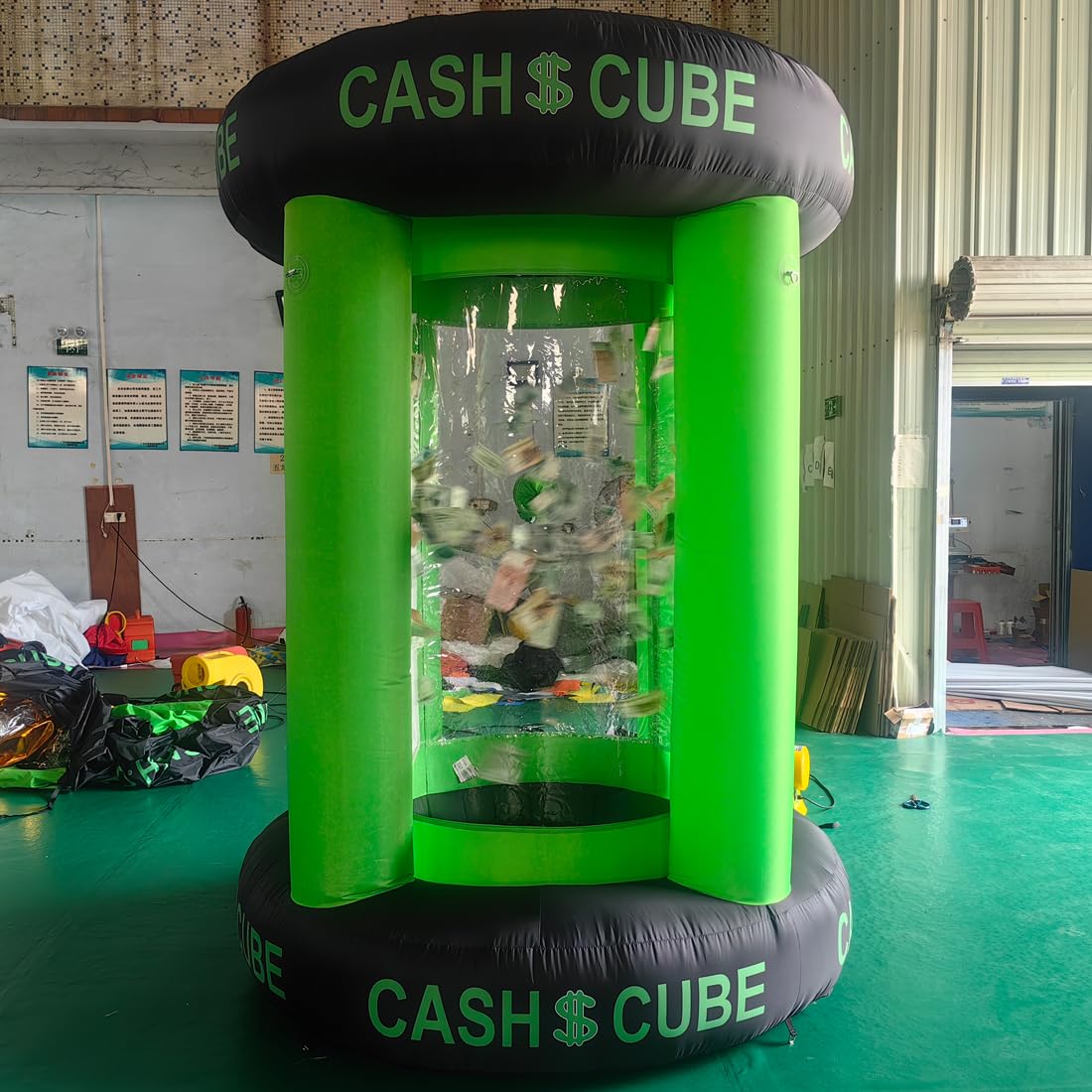 Green Inflatable Cash Cube Booth Inflatable Cube Cash Grab Machine Fast Money Booth Money Grab Machine with 2 Blowers for Promot