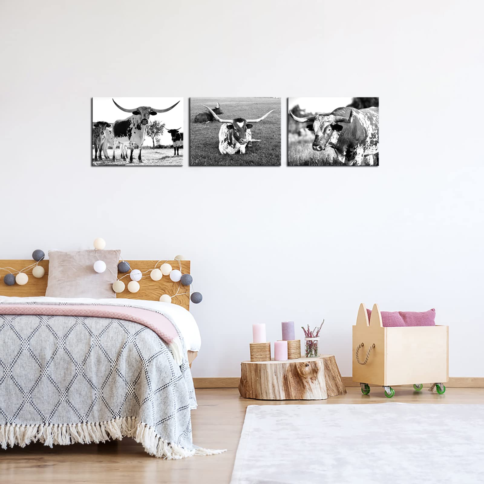 Nachic Wall 3 Pieces Longhorn Wall Art Black And White Longhorn Decor Pictures Painting For Living Room Farmhouse Cabin