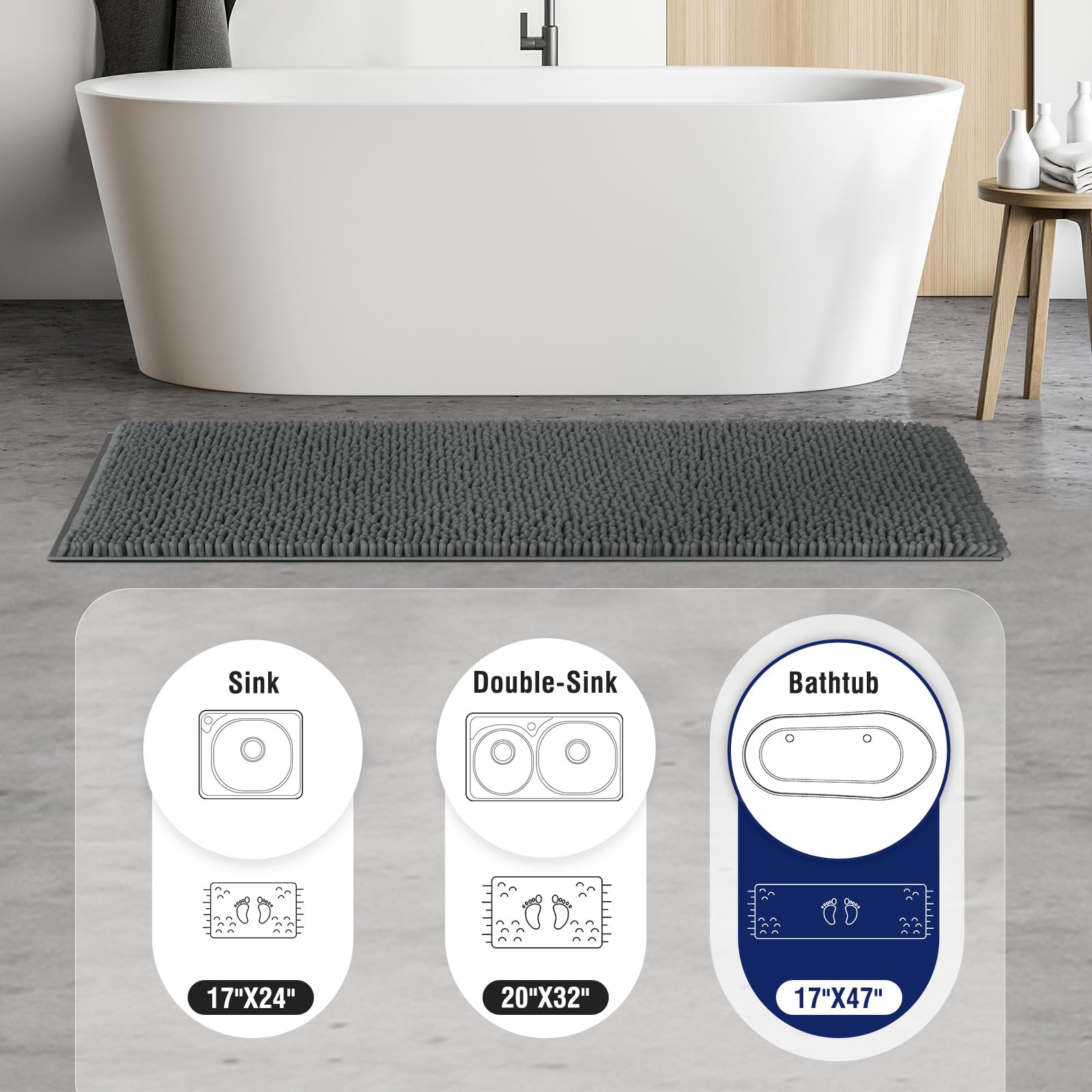 TECHMILLY Soft Fluffy Chenille Bathroom Rugs Sets 2 Pieces  Non Slip Absorbent Bath Mats for Bathroom  Washable and Quick Dry  Grey  17'' x 24'' + 17'' x 47''