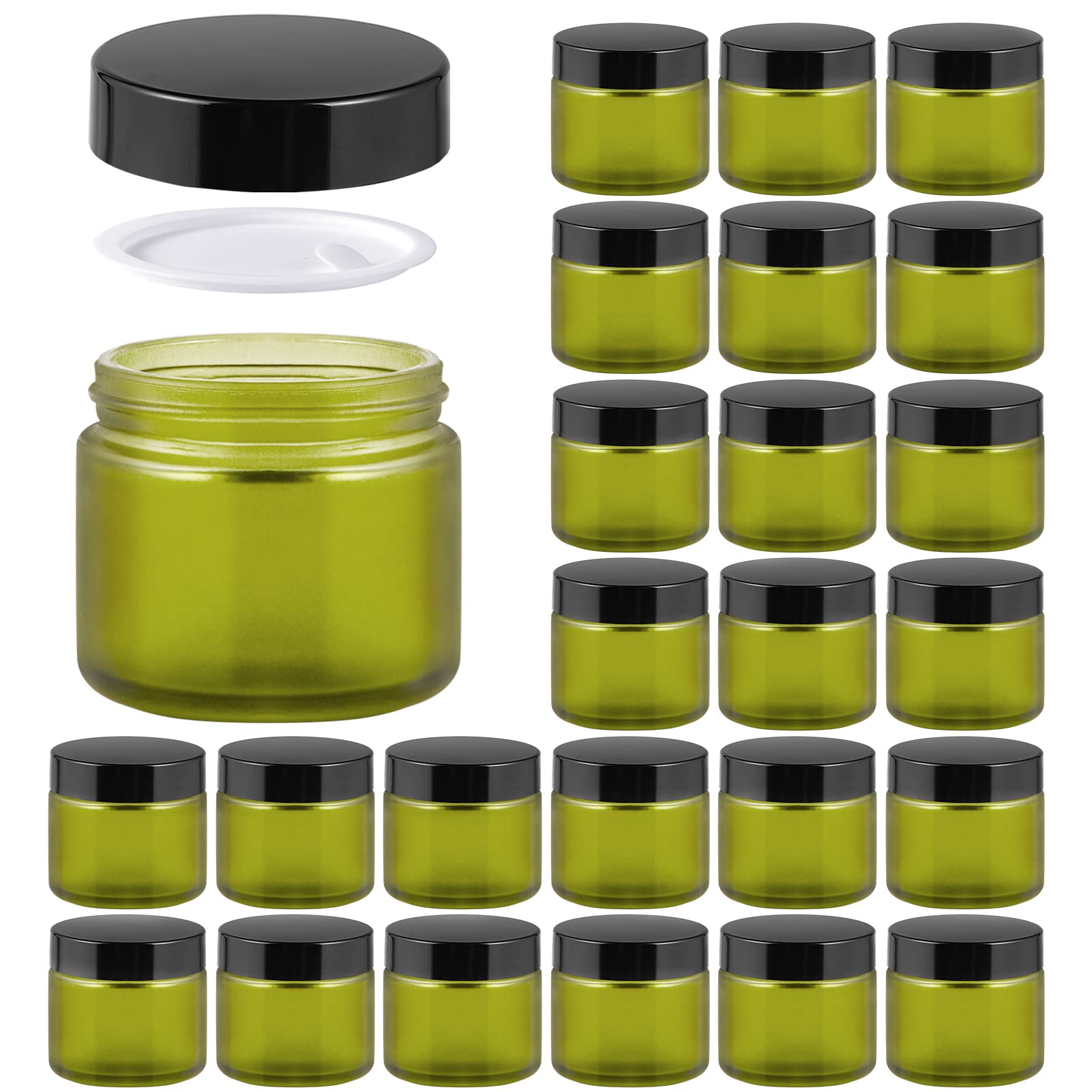2Oz Jars With Lids, Hoa Kinh 24 Pack Green Frosted Glass Jars With Lids Empty Cosmetic Containers Round Airtight Glass Jar With