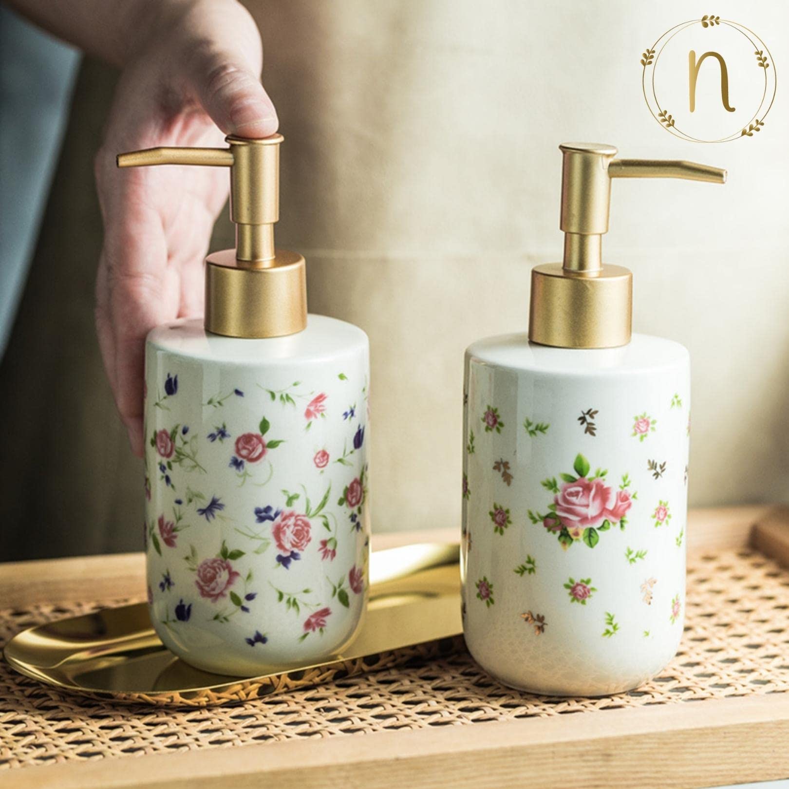 Nestasia Durable Floral Ceramic Liquid Dispenser for Kitchen | Handwash Bottle for Wash Basin | Shampoo Dispenser for Bathroom |