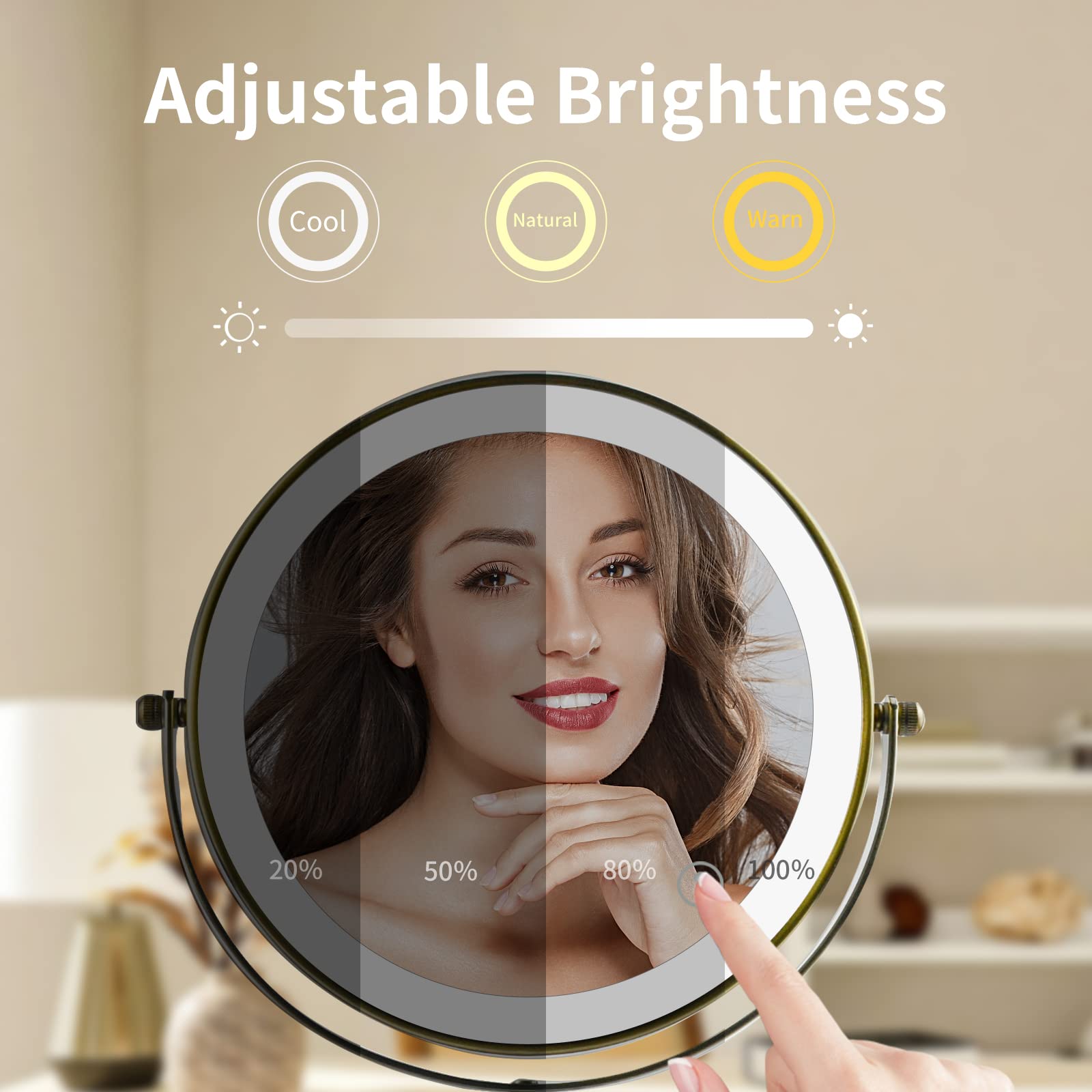 Nicesail Makeup Mirror With Light, Magnifying Mirror With 3 Color Lighting Adjustable Brightness, 360 Rotation Double Sided Mirr