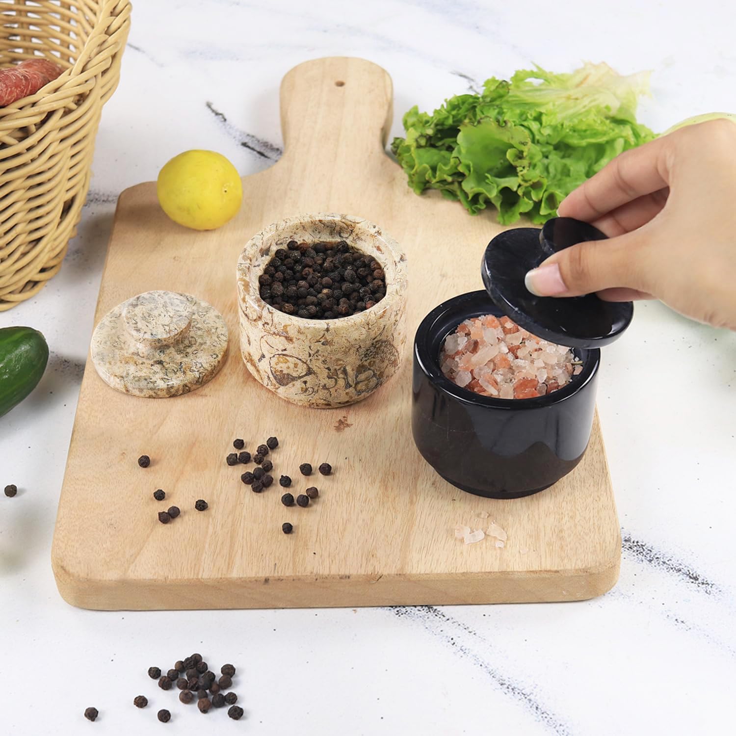 Marblous Krafts Stylish Marble Sugar Dispenser Black And Coral 35 Oz Salt Cellar, Salt Container And Marble Dacor 3 X 3 Kitchen
