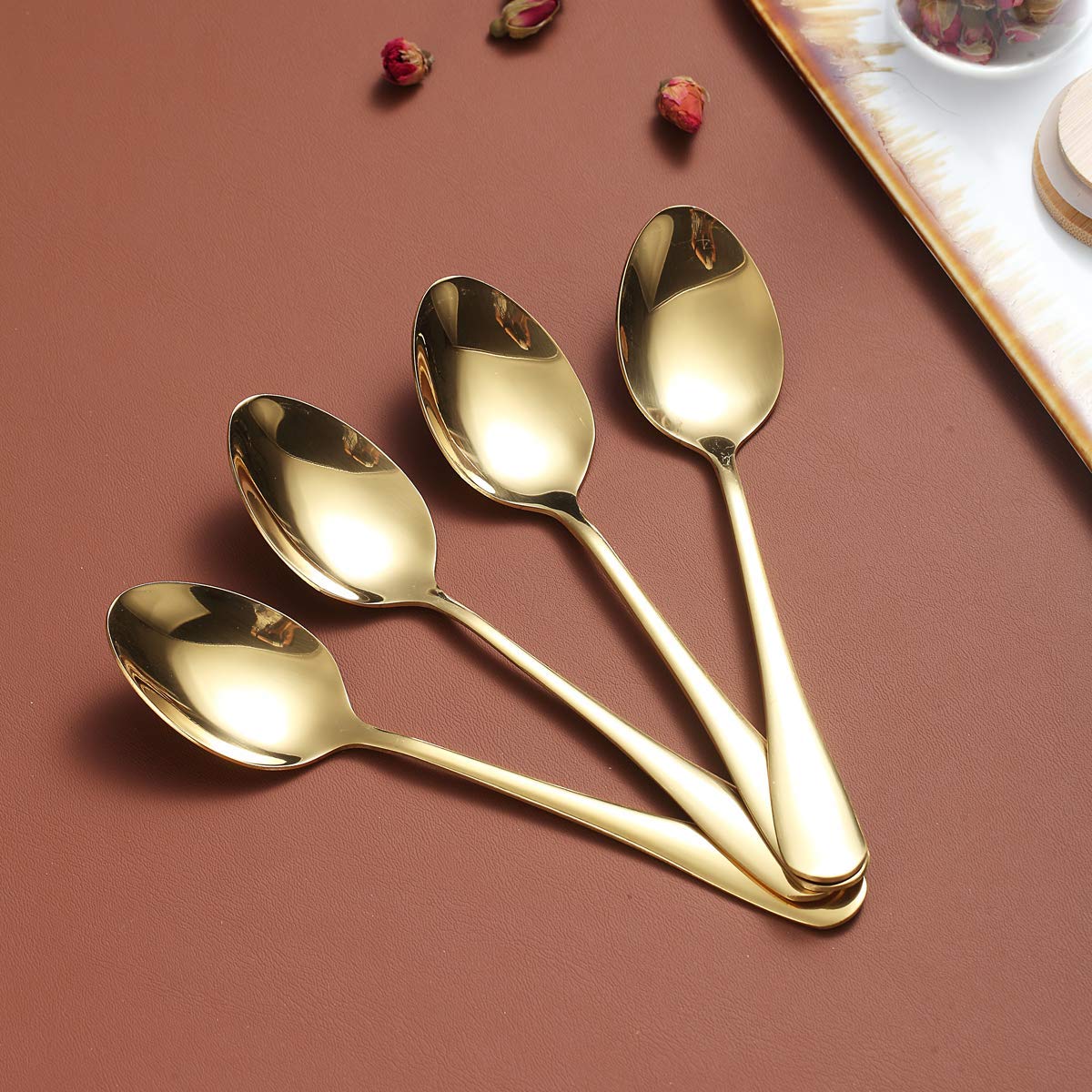 Gold Teaspoons 6.5'' Set Of 4, Berglander Stainless Steel Titanium Plating Shiny Golden Tea Spoons Silverware, Tea Spoon Small D