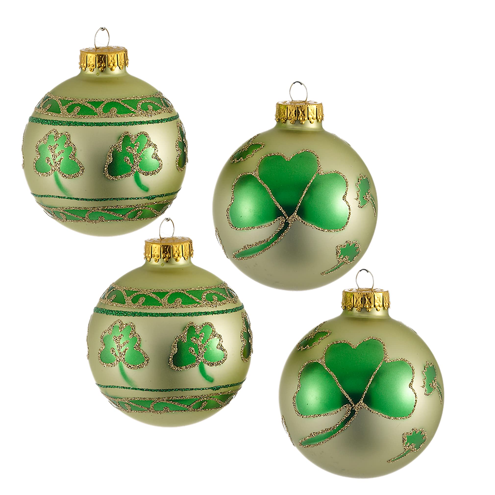 Kurt Adler Shamrock Large & Center Band Design Decorative Glass Balls 4pc