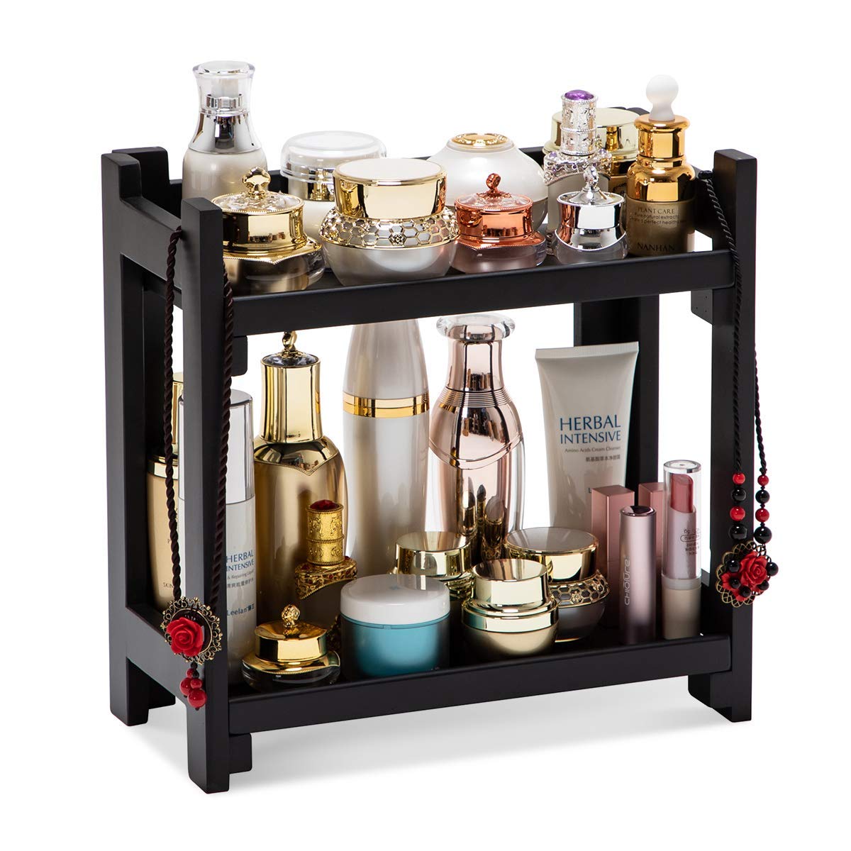 Gobam Cosmetic Organizer Multi-Function Vanity Makeup Organizer Holder For Bathroom, Assemble Easily No Screws, Black Bamboo