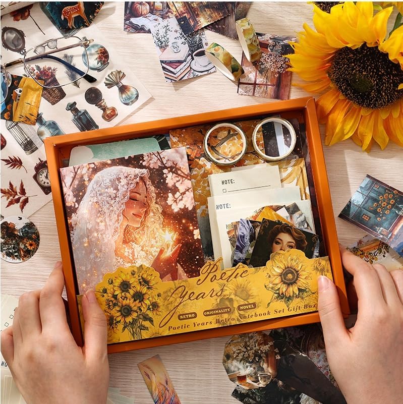 BUYMZ Vintage Aesthetic Scrapbook Kit, A6 Grid Notebook with Washi, Envelopes, Papers, Stickers for Journaling Photo Album (Poet