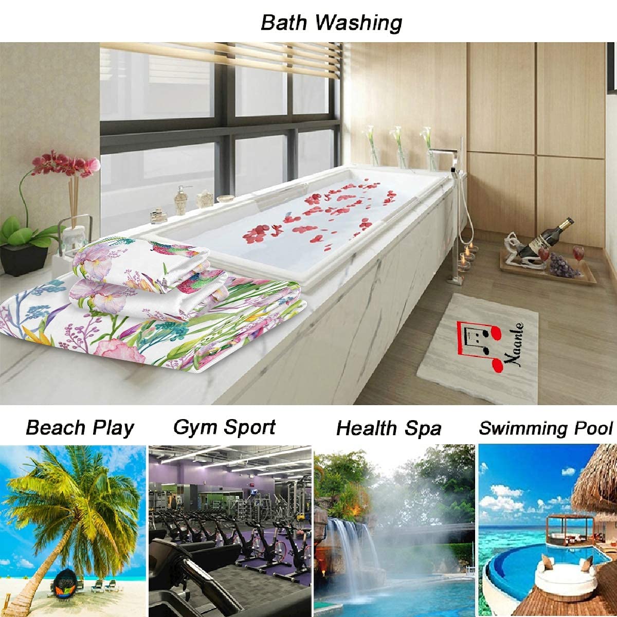 Naanle Spring Hummingbird Irises Flowers Floral Soft Luxury Decorative Set Of 3 Towels, 1 Bath Towel+1 Hand Towel+1 Washcloth, M