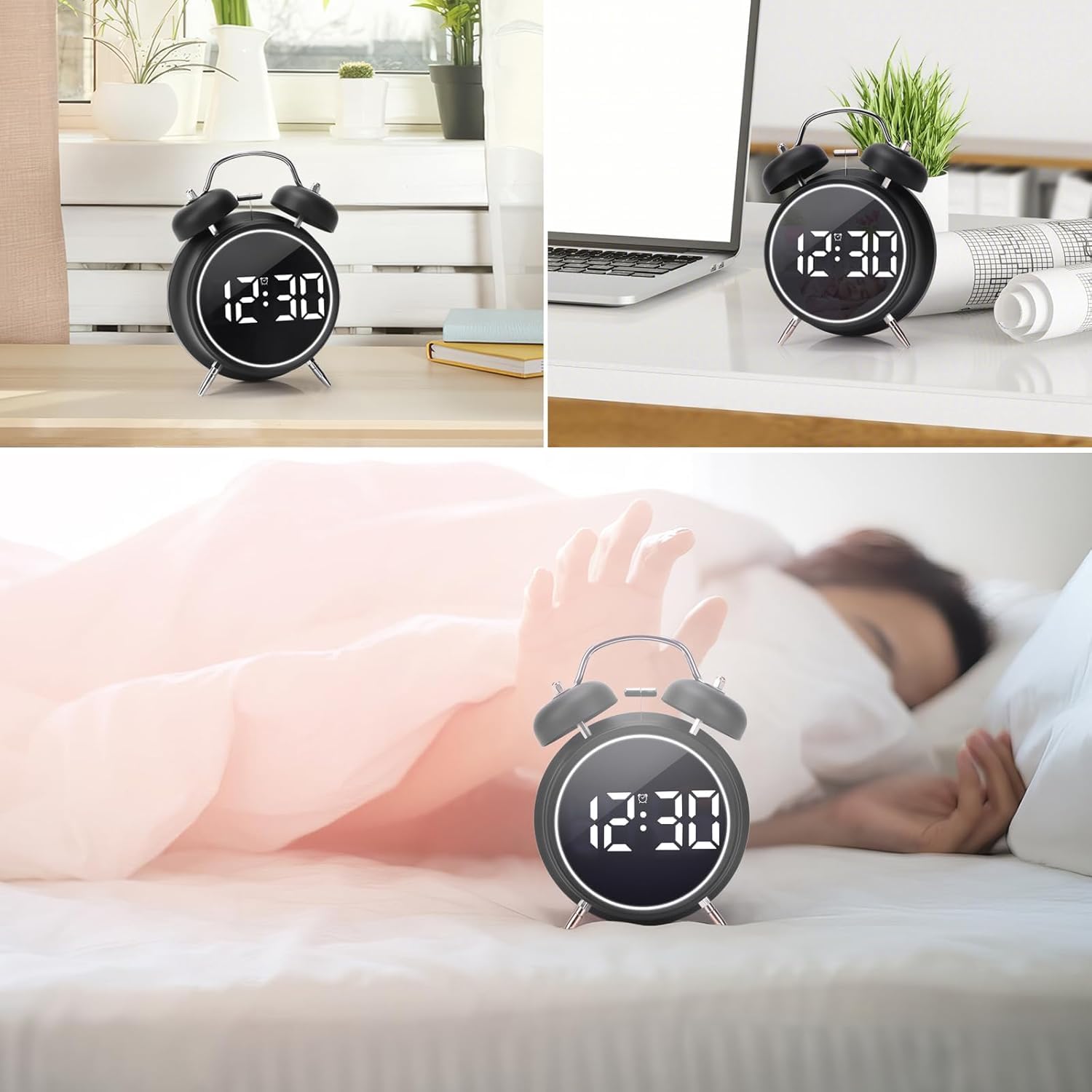 Aerys 4.5-Inch Digital Alarm Clock, Double Bell Led Silent Metal Clock With Night Light, Loud Bedside Alarm For Heavy Sleepers,