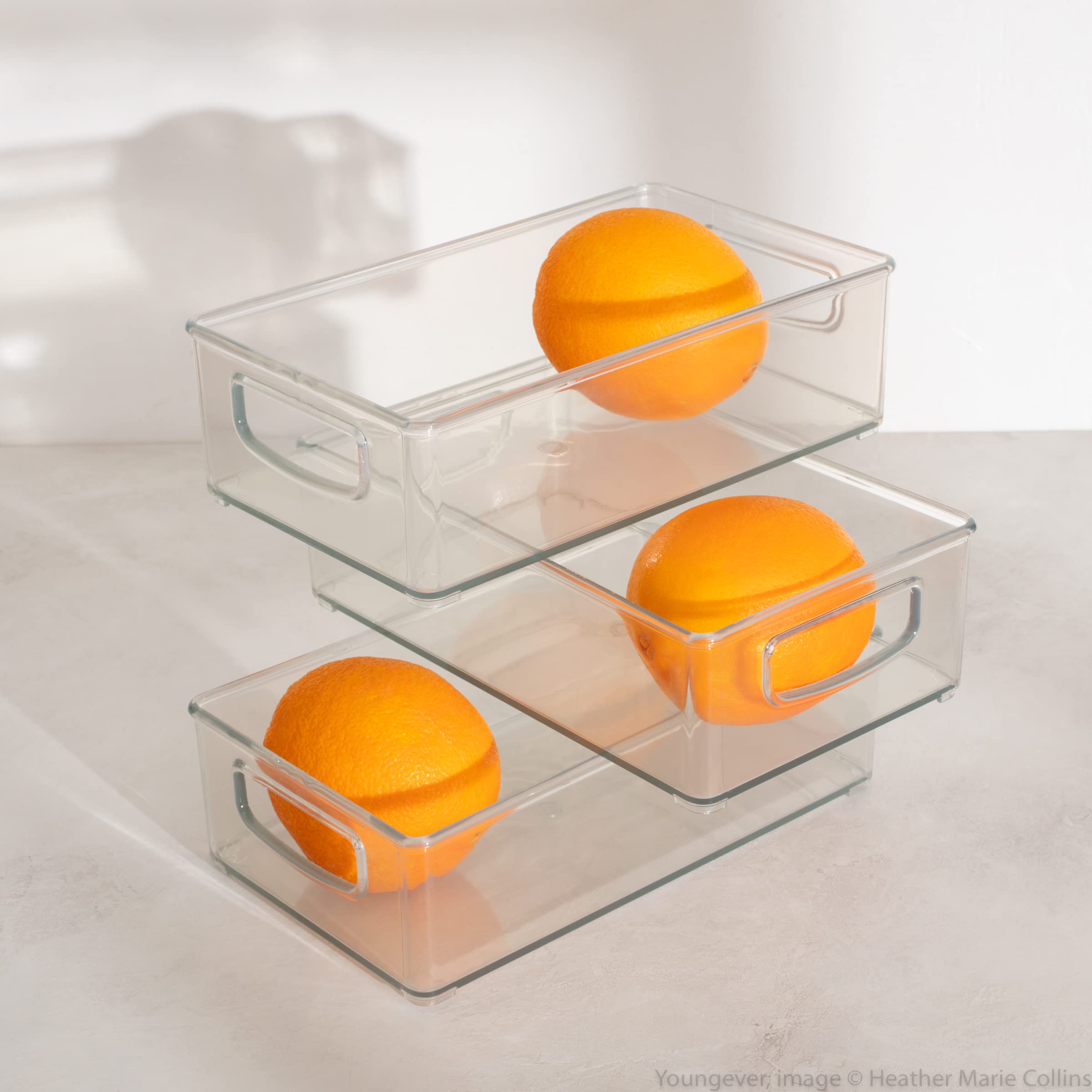 Youngever 4 Pack Stackable Plastic Storage Organizer Container Bins, Stackable Storage Bins With Handler For Refrigerator, Pantr