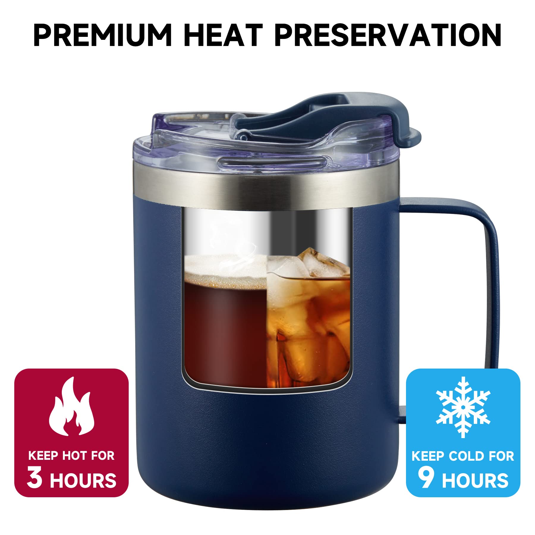Aloufea 12Oz Stainless Steel Insulated Coffee Mug With Handle, Double Wall Vacuum Tumbler Cup With Fliping Lid, Navy, 4 Pack