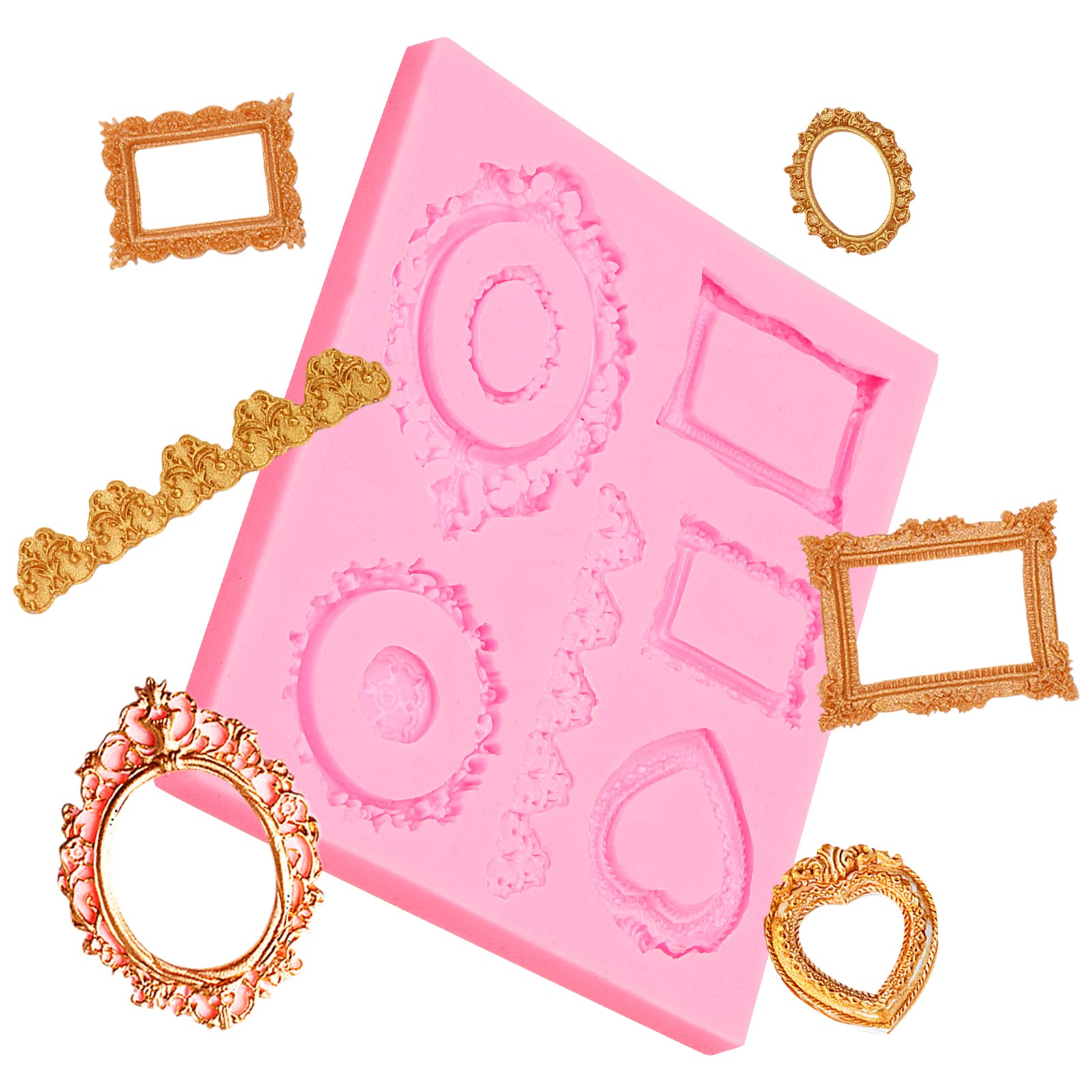 European Style Mirror Frame Fondant Molds For Cake Decorating, Baroque Embossed Love Heart Photo Silicone Mold For Wedding Cake
