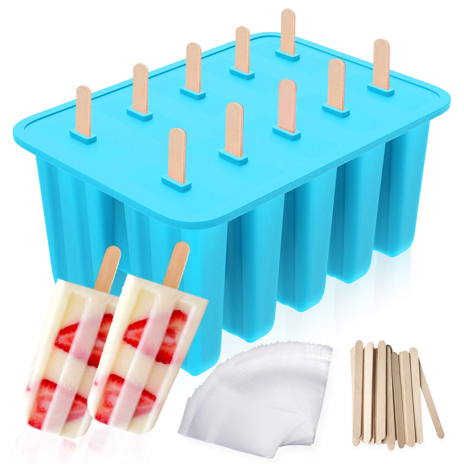 Ozera Popsicles Molds, 10-Cavity Popsicle Maker Molds Silicone Popsicle Molds, Homemade Popcical Molds Ice Pop Molds With 50 Pop