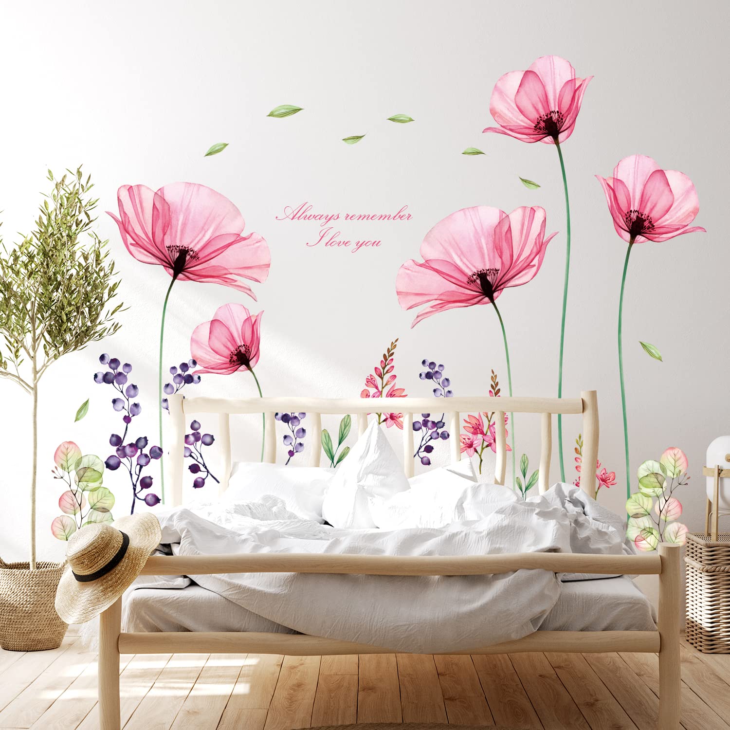 BASHOM SG2-106 X-ray Pink Flowers Wall Decals Stickers Floral Vintage Wild Living Room murals Peel and Stick Girls Bedroom Removable Nursery