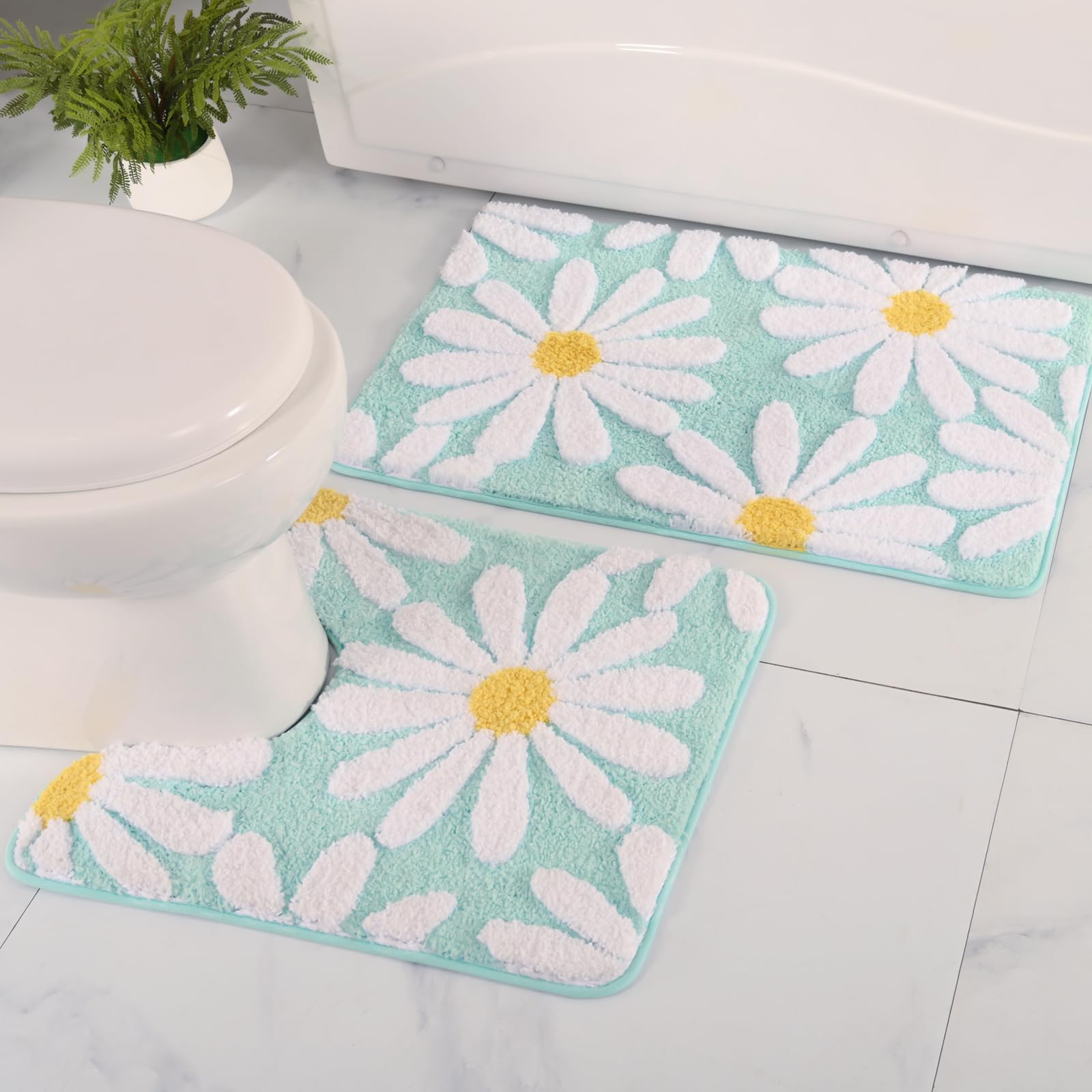 Qjhomo Bathroom Rug Set 2 Piece, Cute Daisy Bath Mat Green Toilet Rug U Shaped, Flower Deocr Bathroom Set Non Slip Contour Bathm