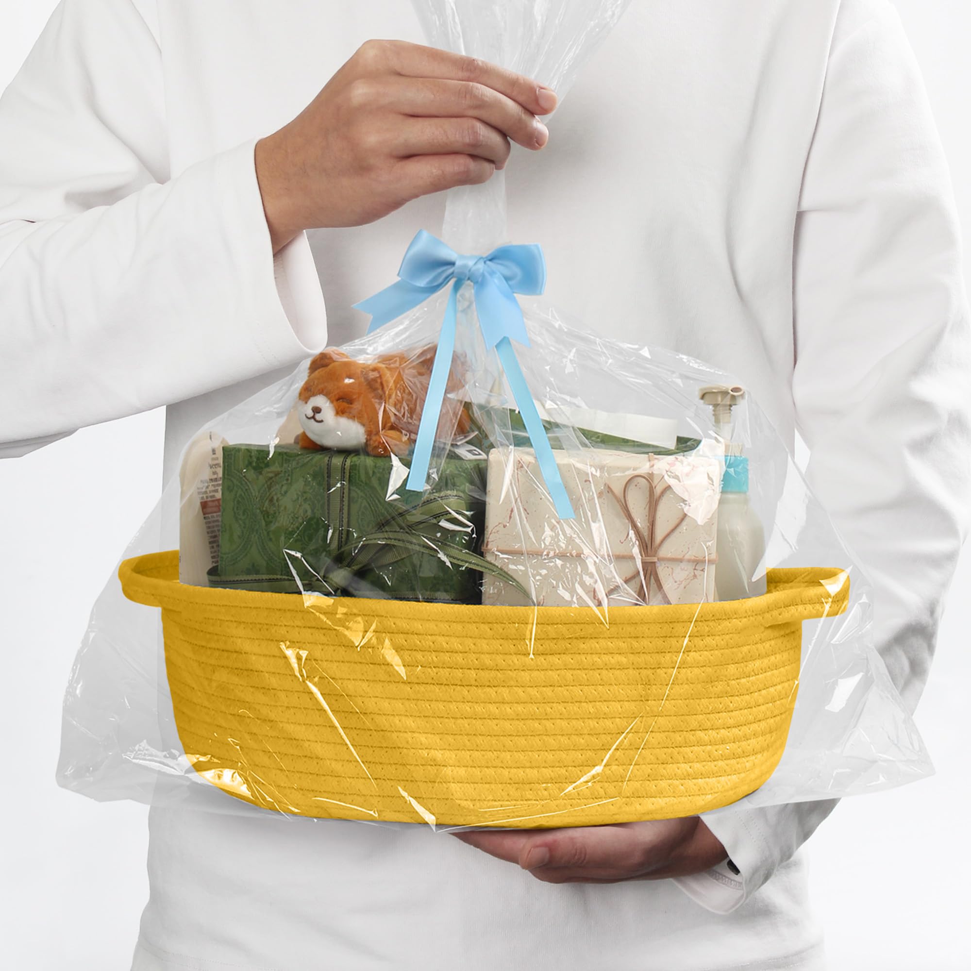 MEGASKET Yellow Woven Basket, 13 x 9 x 5 Baskets for Gifts Empty, Cute Cotton Rope Cat Dog Toy Bin Box, Small Woven Bin for Orga