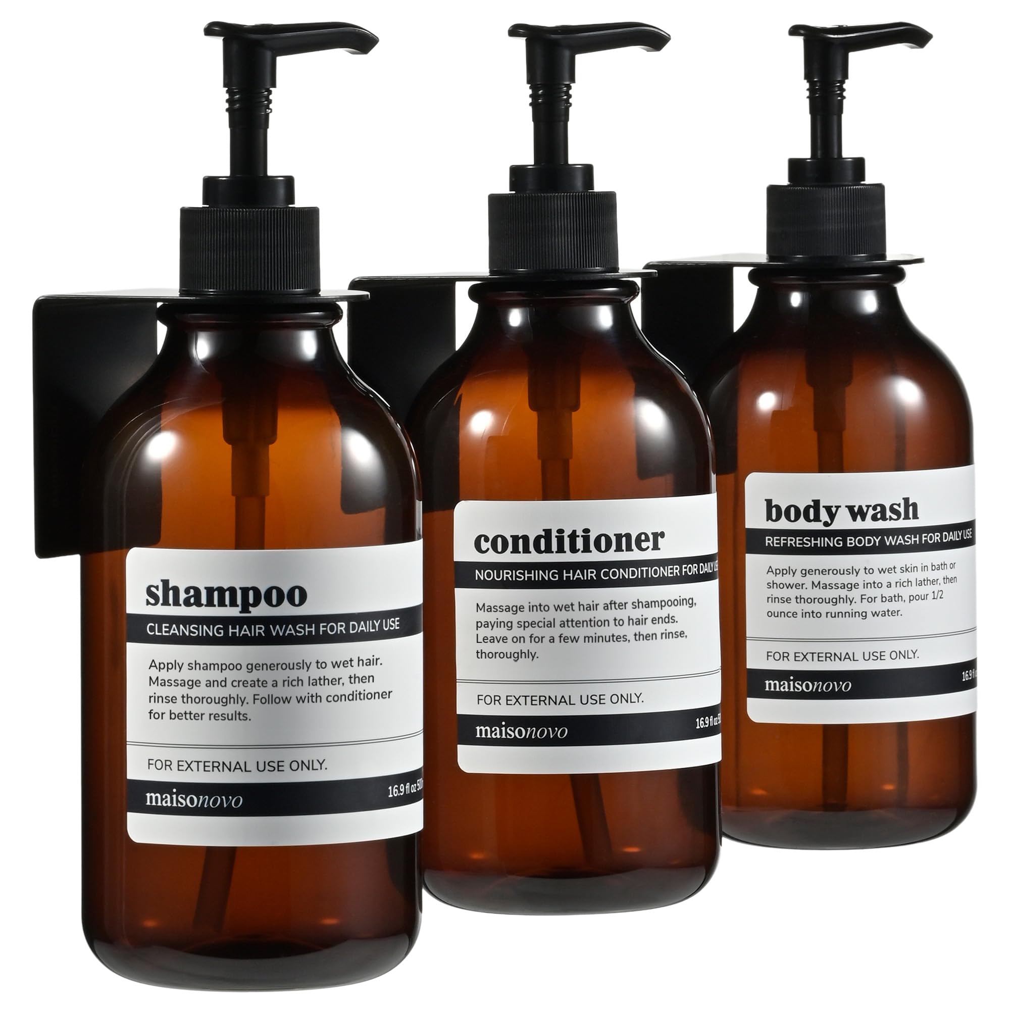 Maisonovo Shampoo And Conditioner Dispenser - Shower Soap Dispenser Wall Mounted - 16.9 Fl Oz Set Of 3 Amber Plastic Bottles Bla