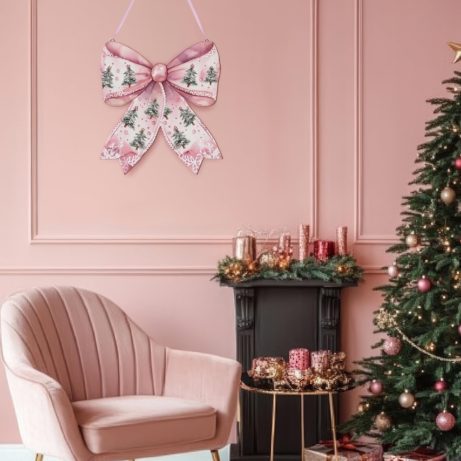 RattanView Christmas Tree Pink Bow Wooden Hanging Sign Coquette Bow Wall Hanging Hanger Xmas Cute Preppy Wall Art Bowknot Welcom