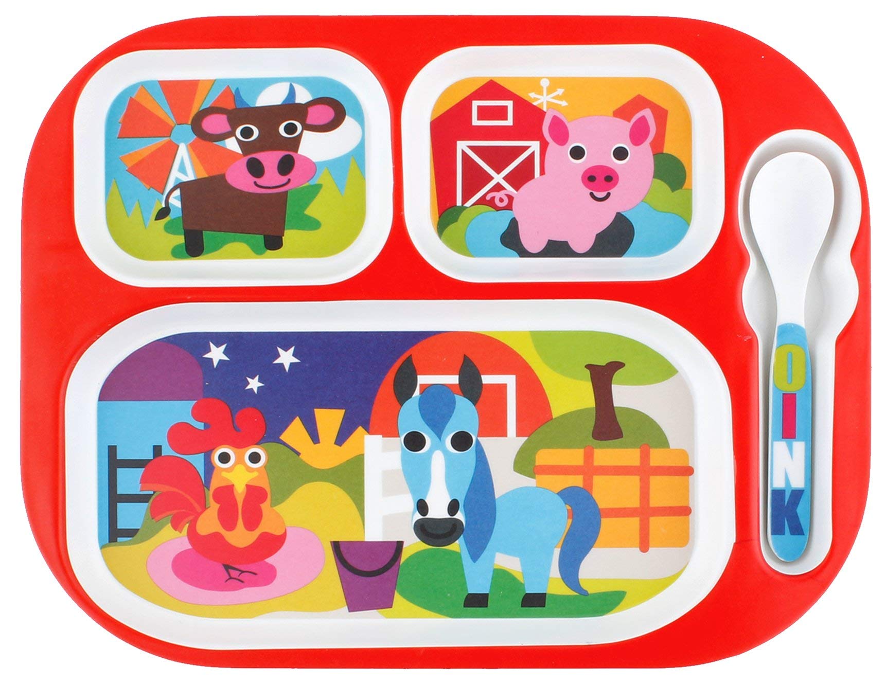 French Bull 4pc Toddler Kids Feeding Melamine Tableware Flatware BPA Free Dishwasher Safe, Durable Plate, Cup, bowl, Divided Tra