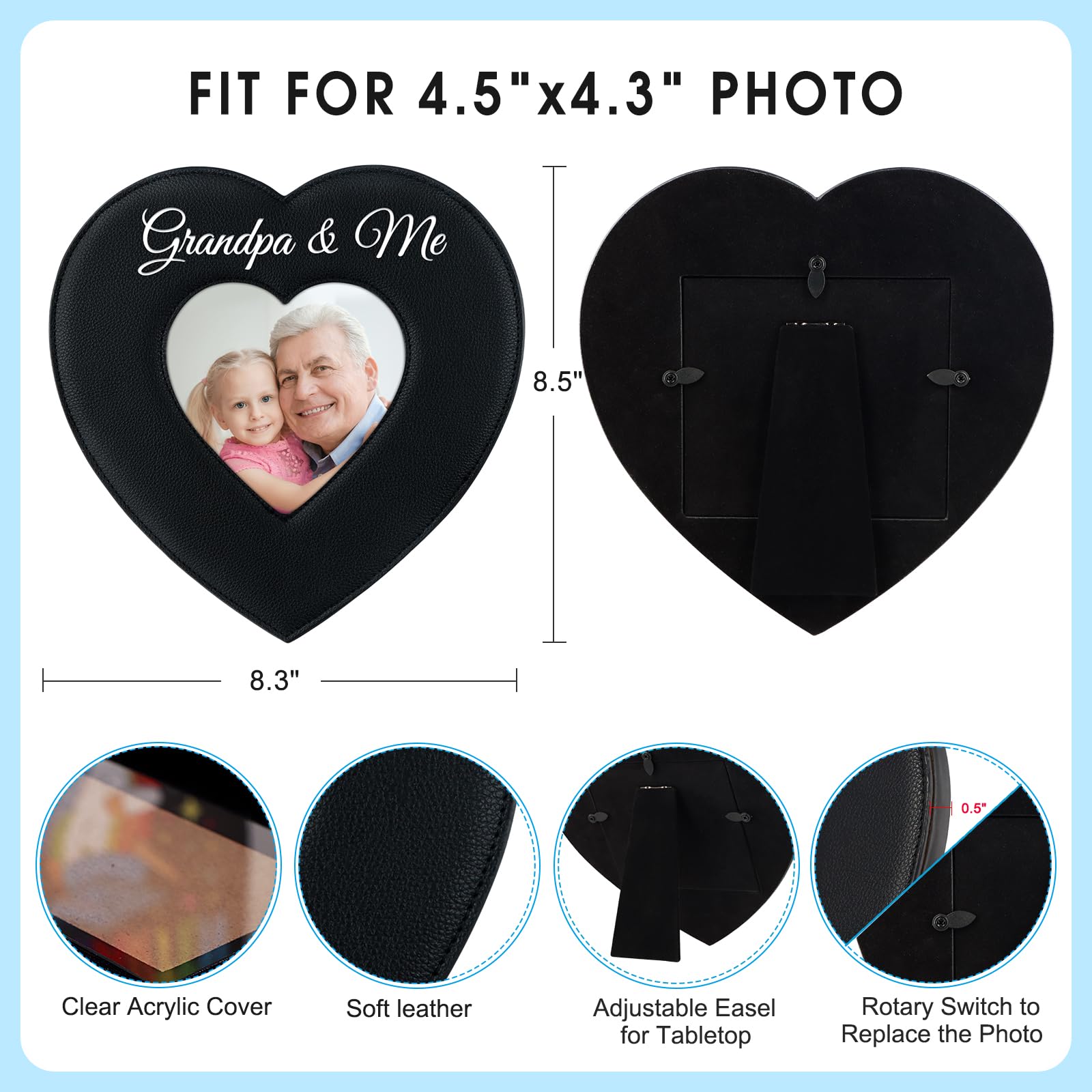 PETCEE Grandpa and Me Picture Frame- 4 x 4 Heart Christmas Keepsake Gifts for Grandpa Picture Frame Soft Leather Christmas Thank