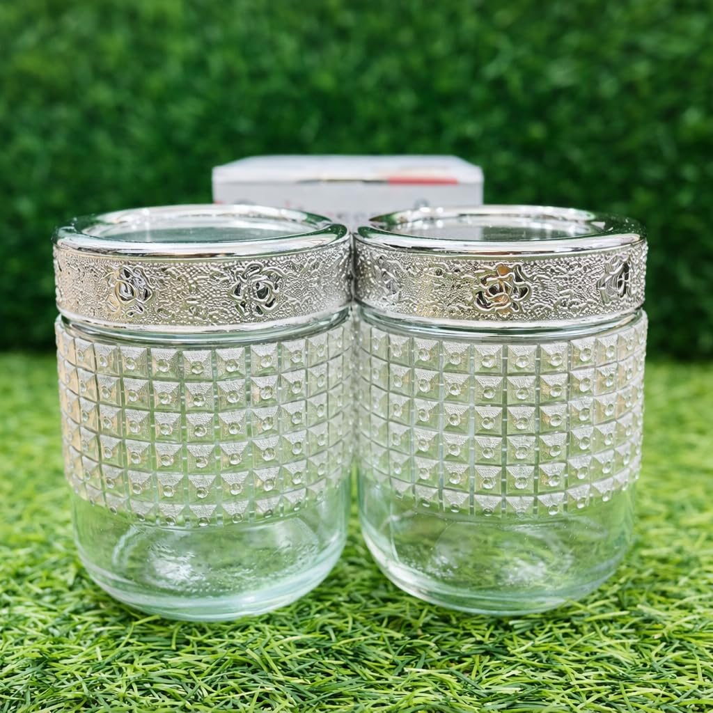 Vaghasiya Enterprise Silver Glass Round Shaped Canister Set Of 2 (Tea,Sugar) Glass Containers 350 Ml Each | Coffee Tea Sugar Con