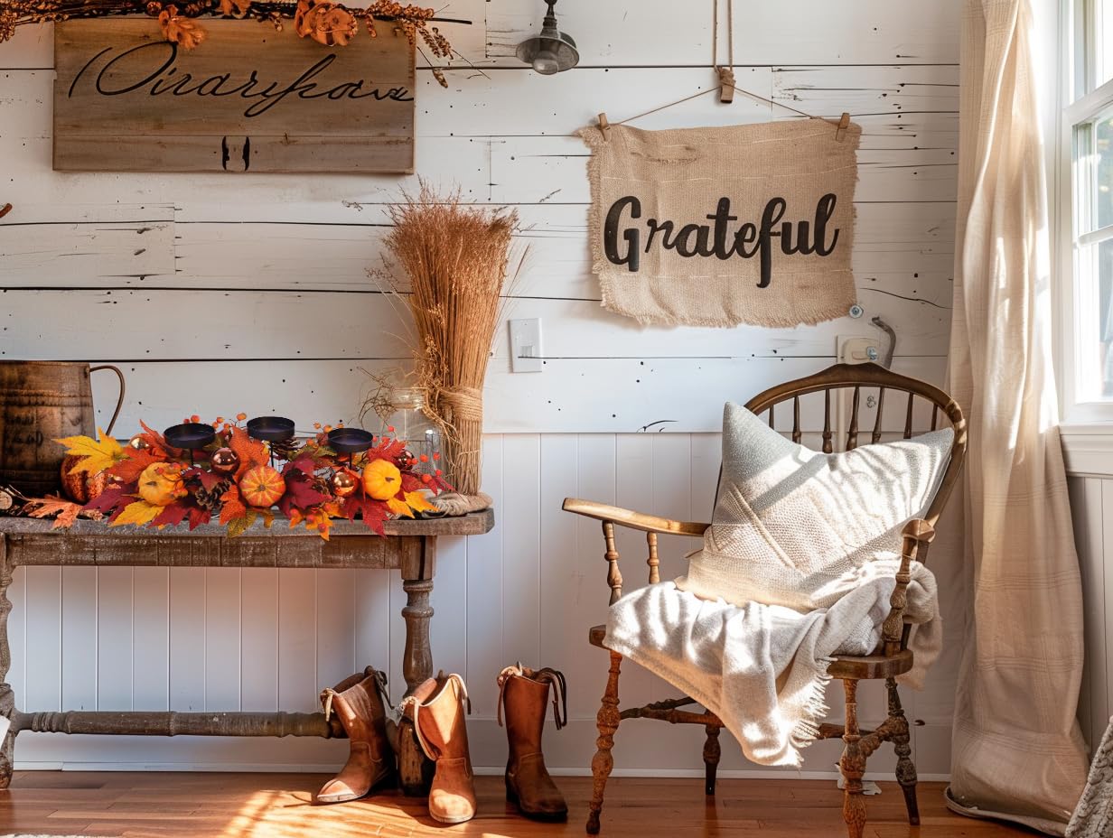 Fall Candle Holder Centerpiece for Table - Thanksgiving Table Decor with Pumpkins, Maple Leaves,Autumn Harvest Decoration with 3