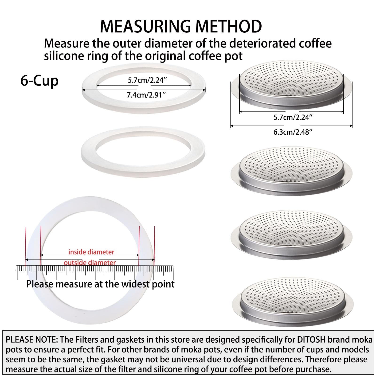 Ditosh 2 Pcs Filter With 4 Pcs Silicone Gasket Seals For 6 Cup Stovetop Espresso Coffee Maker Replacement Parts For Big Tummy &