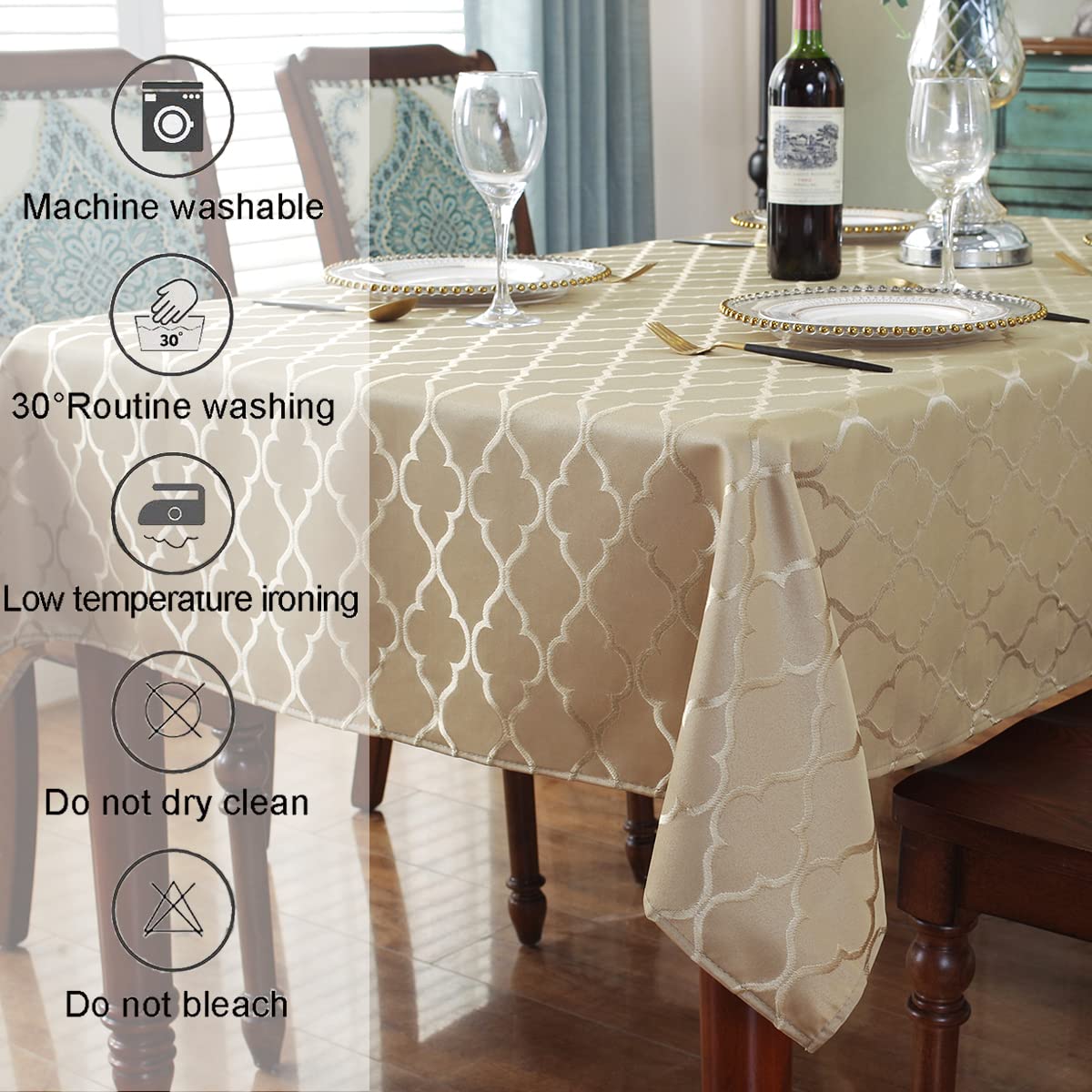 Sastybale Jacquard Tablecloth Gold Damask Fabric Table Cloth, Water Resistant & Wrinkle Free Polyester Table Cover For Kitchen D