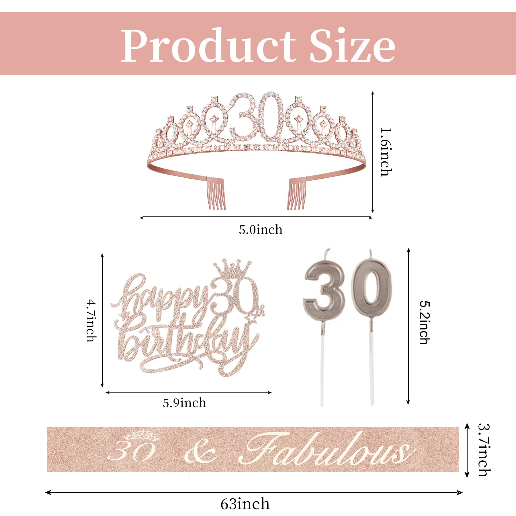 30th Birthday Decorations for Her 30th Birthday Sash Crown/Tiara Candles Cake Toppers.30th Birthday Gifts for Her 30th Birthday Decorations for Women 30 Birthday Decorations