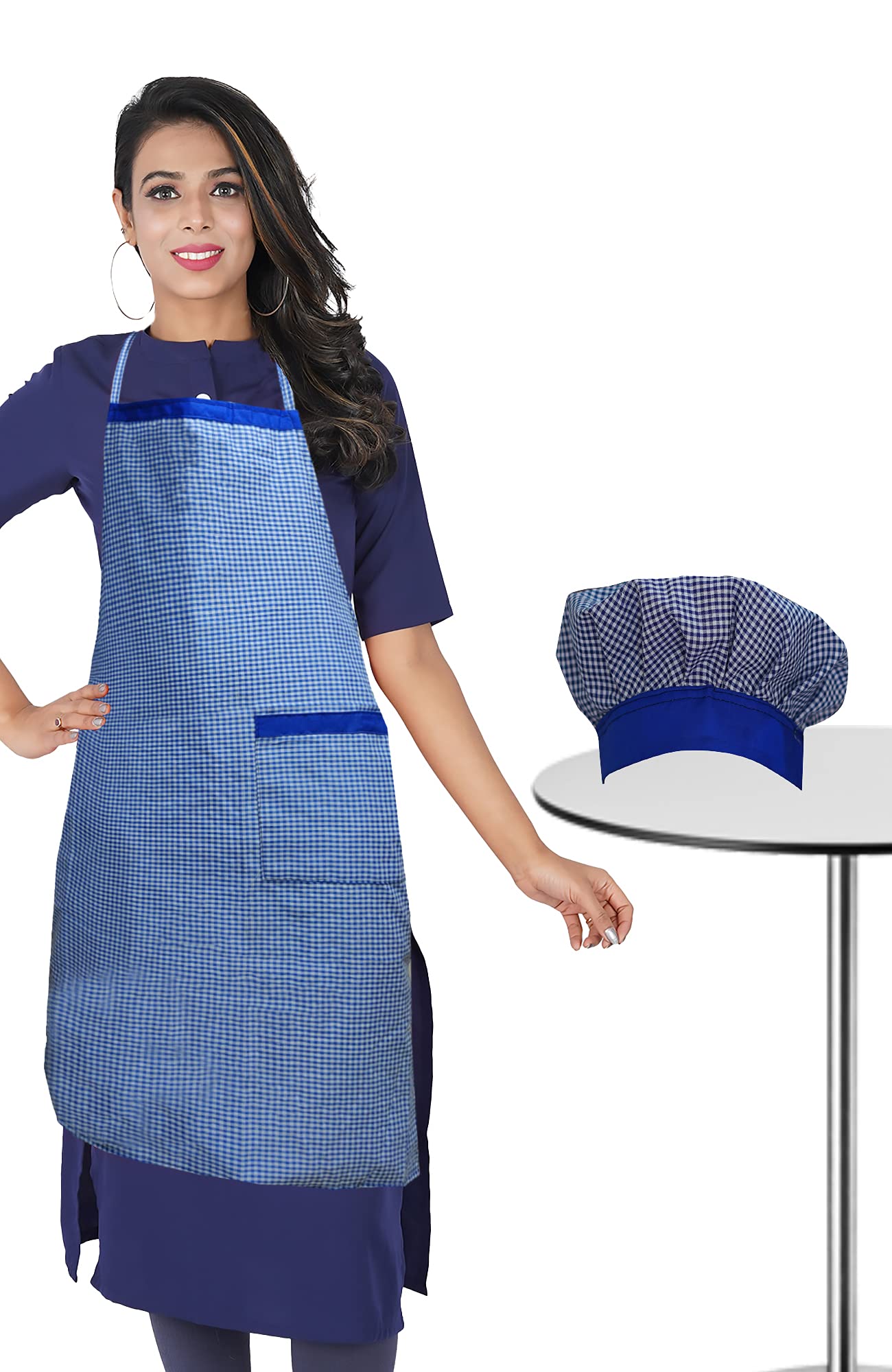 Kanushi Industries Apron For Kitchen Waterproof With Sid Pocket With Cap(Blue)(Apron1Psbluescholcheck+Cap)